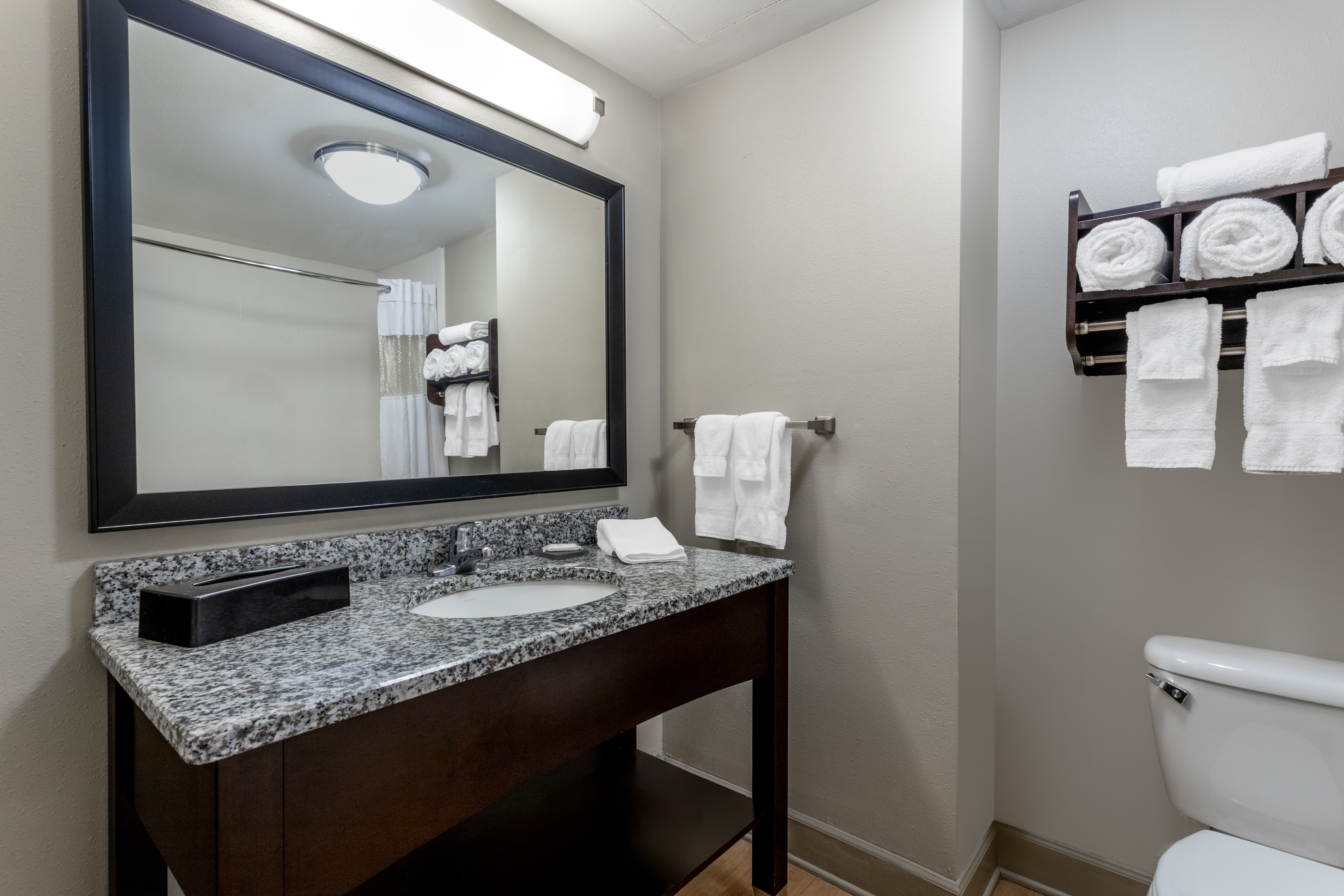 Guest room bath at the La Quinta Inn & Suites by Wyndham Ocean City in Ocean City, Maryland