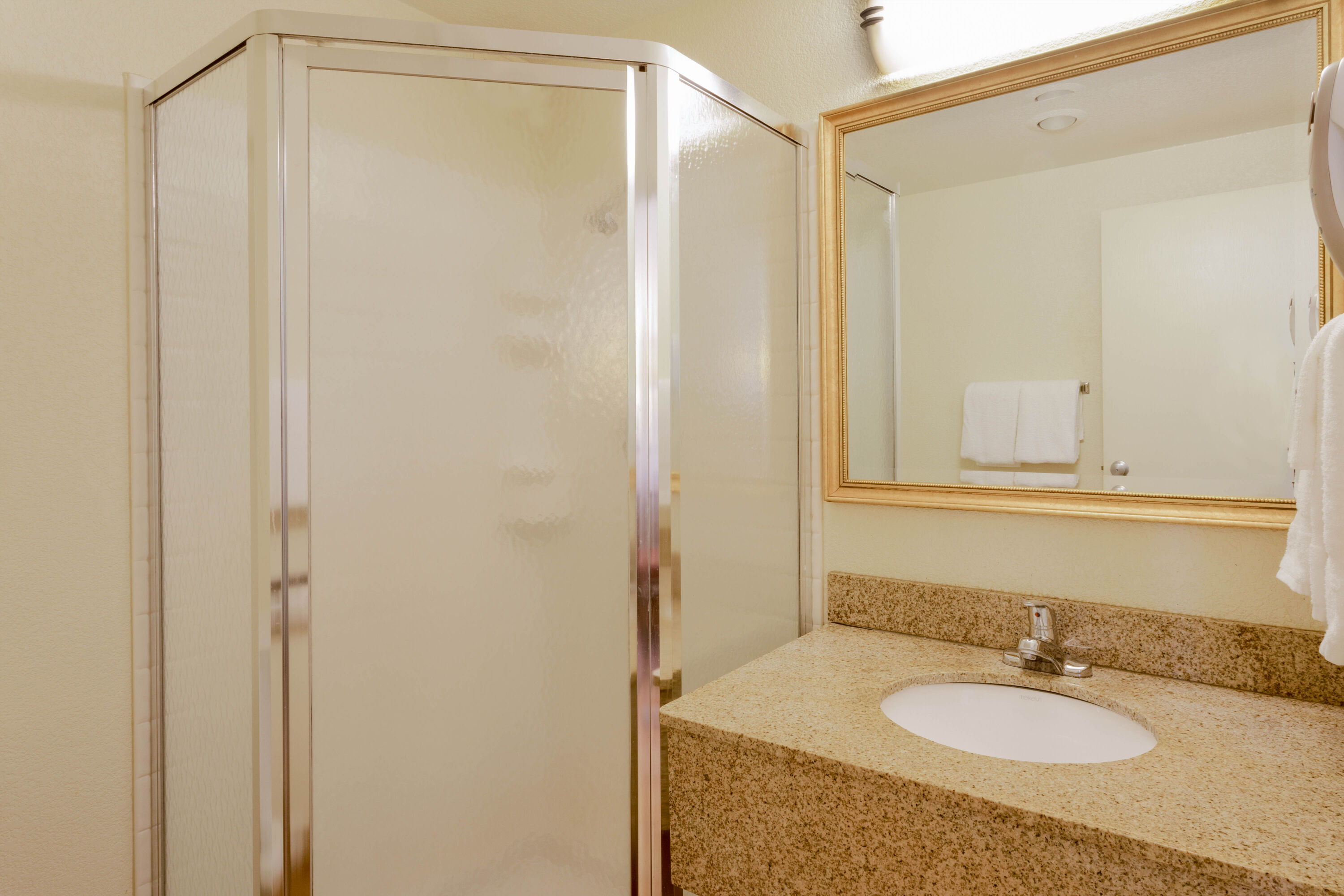 Guest room bath at the La Quinta Inn by Wyndham Minneapolis Airport Bloomington in Bloomington, Minnesota