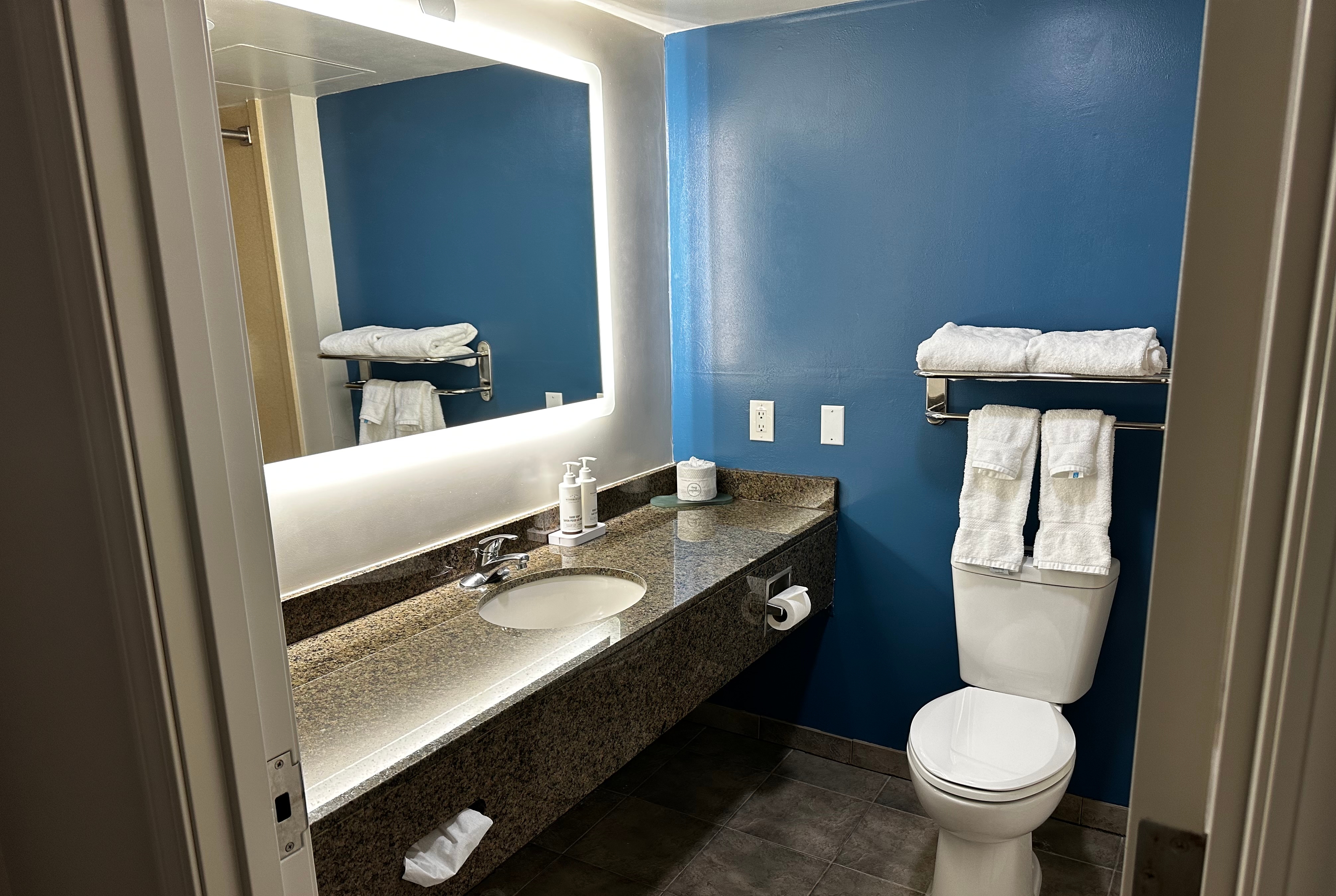 Guest room bath at the La Quinta Inn & Suites by Wyndham Islip - MacArthur Airport in Bohemia, New York