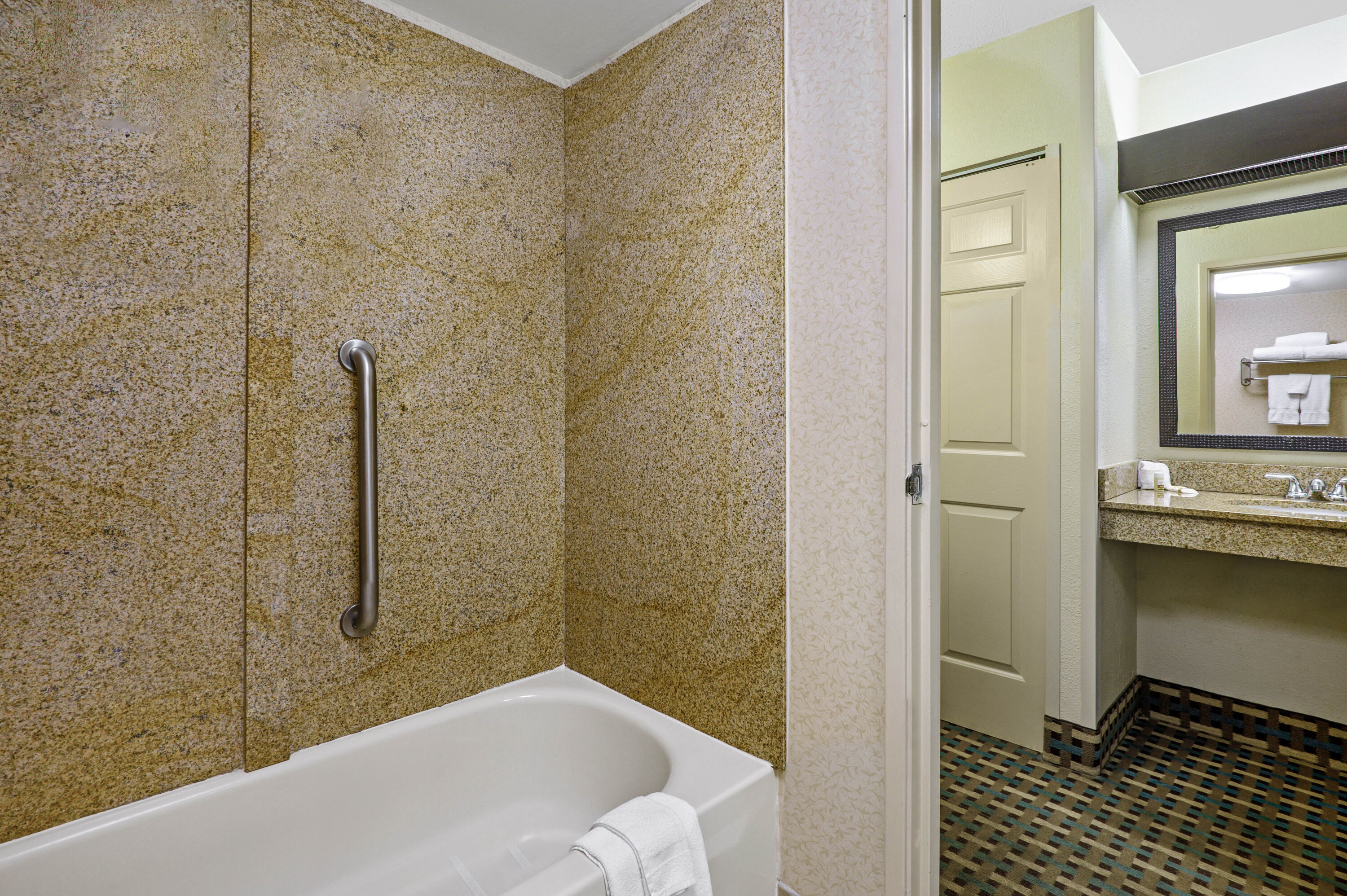 Guest room bath at the La Quinta Inn by Wyndham Columbia SE / Fort Jackson in Columbia, South Carolina