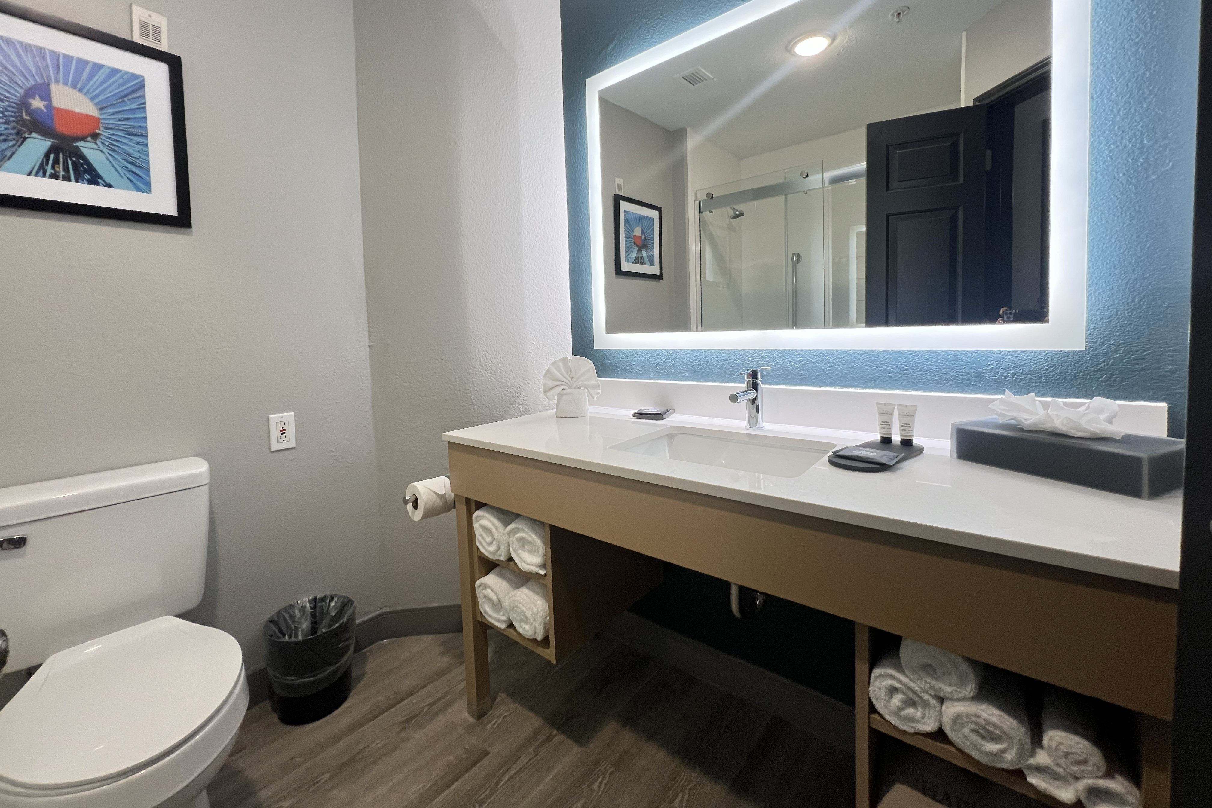 Guest room bath at the La Quinta Inn & Suites by Wyndham Dallas Arlington South in Arlington, Texas