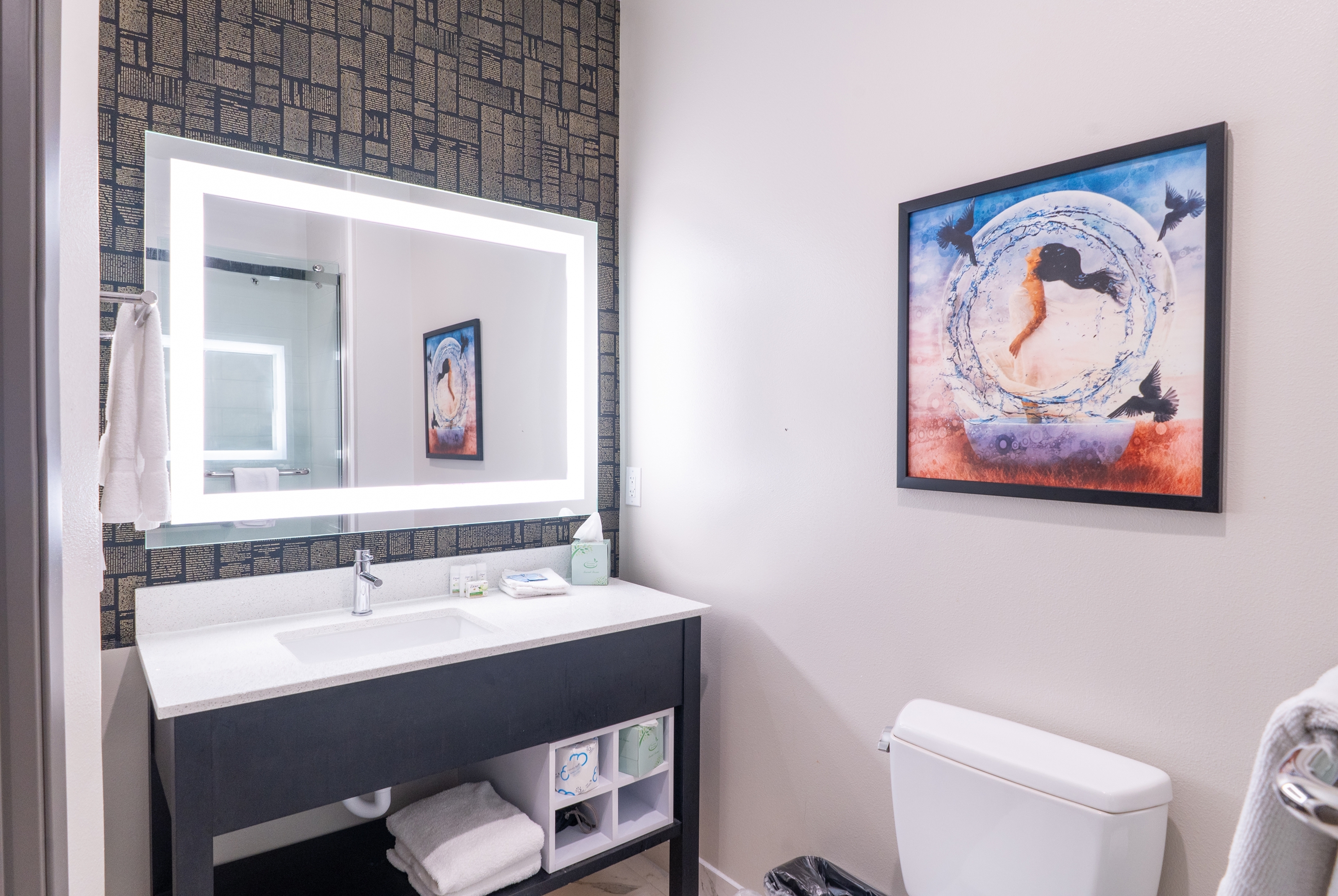 Guest room bath at the La Quinta Inn & Suites by Wyndham Corpus Christi Southeast in Corpus Christi, Texas