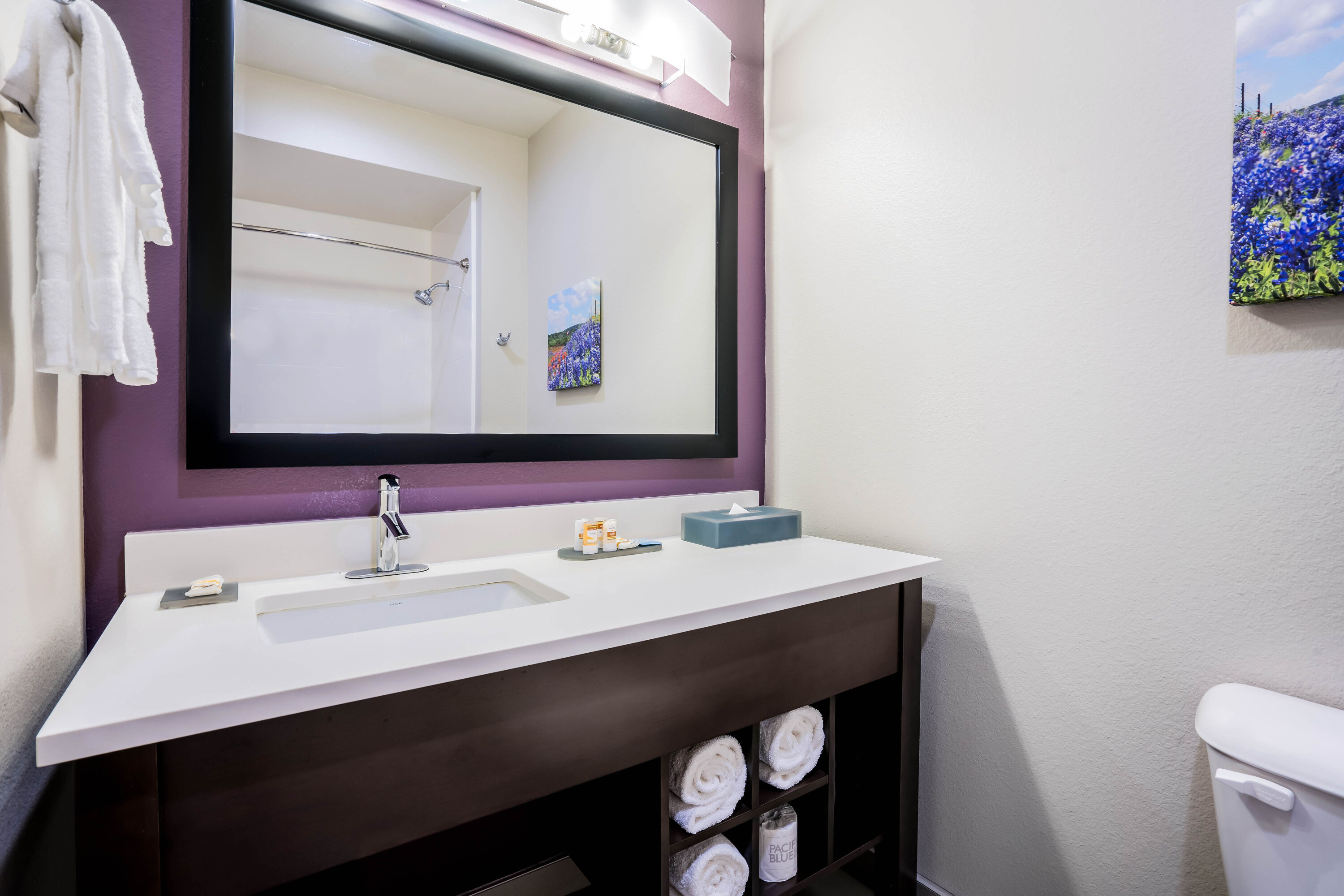 Guest room bath at the La Quinta Inn & Suites by Wyndham Houston Cypress in Cypress, Texas