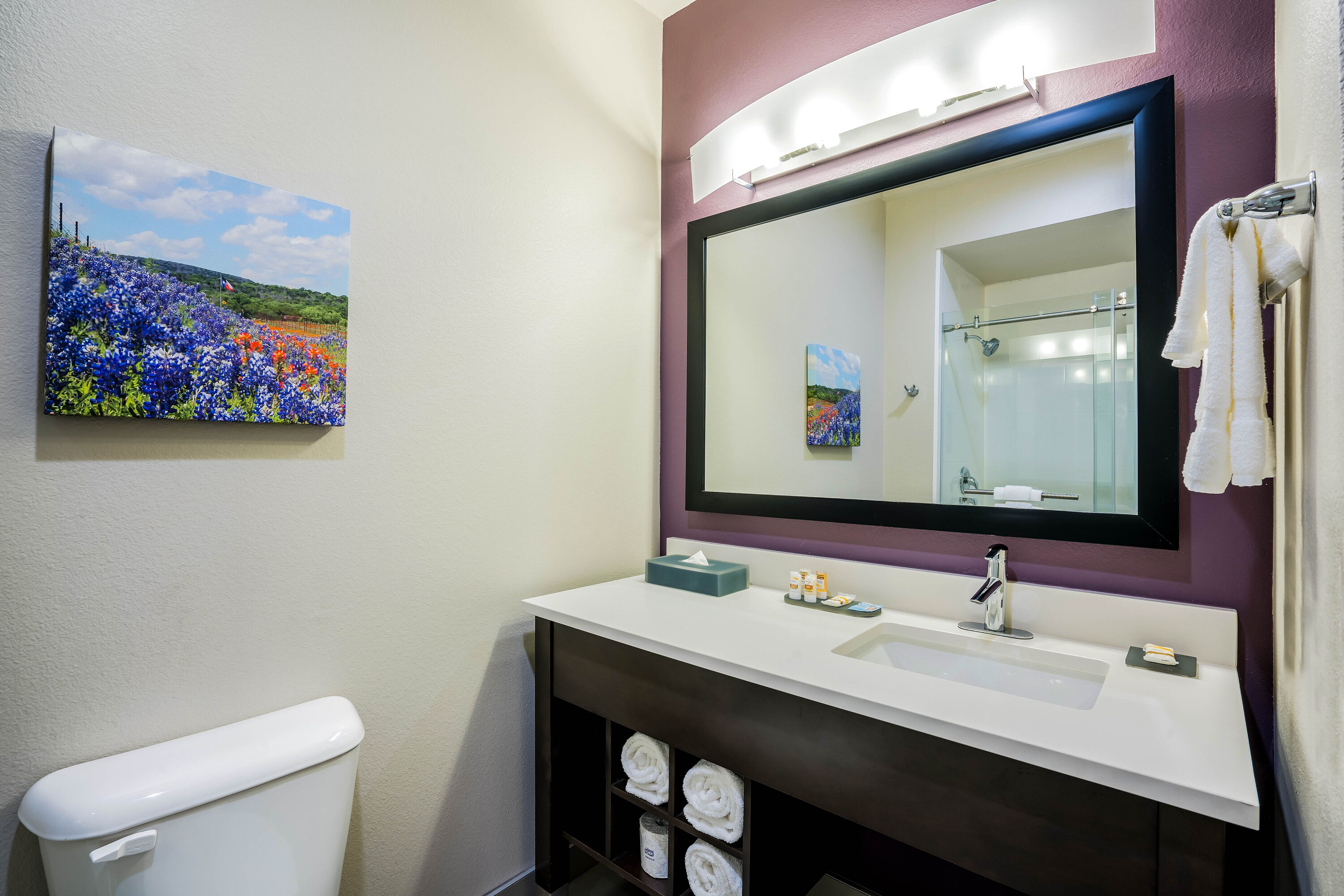 Guest room bath at the La Quinta Inn & Suites by Wyndham Houston Cypress in Cypress, Texas