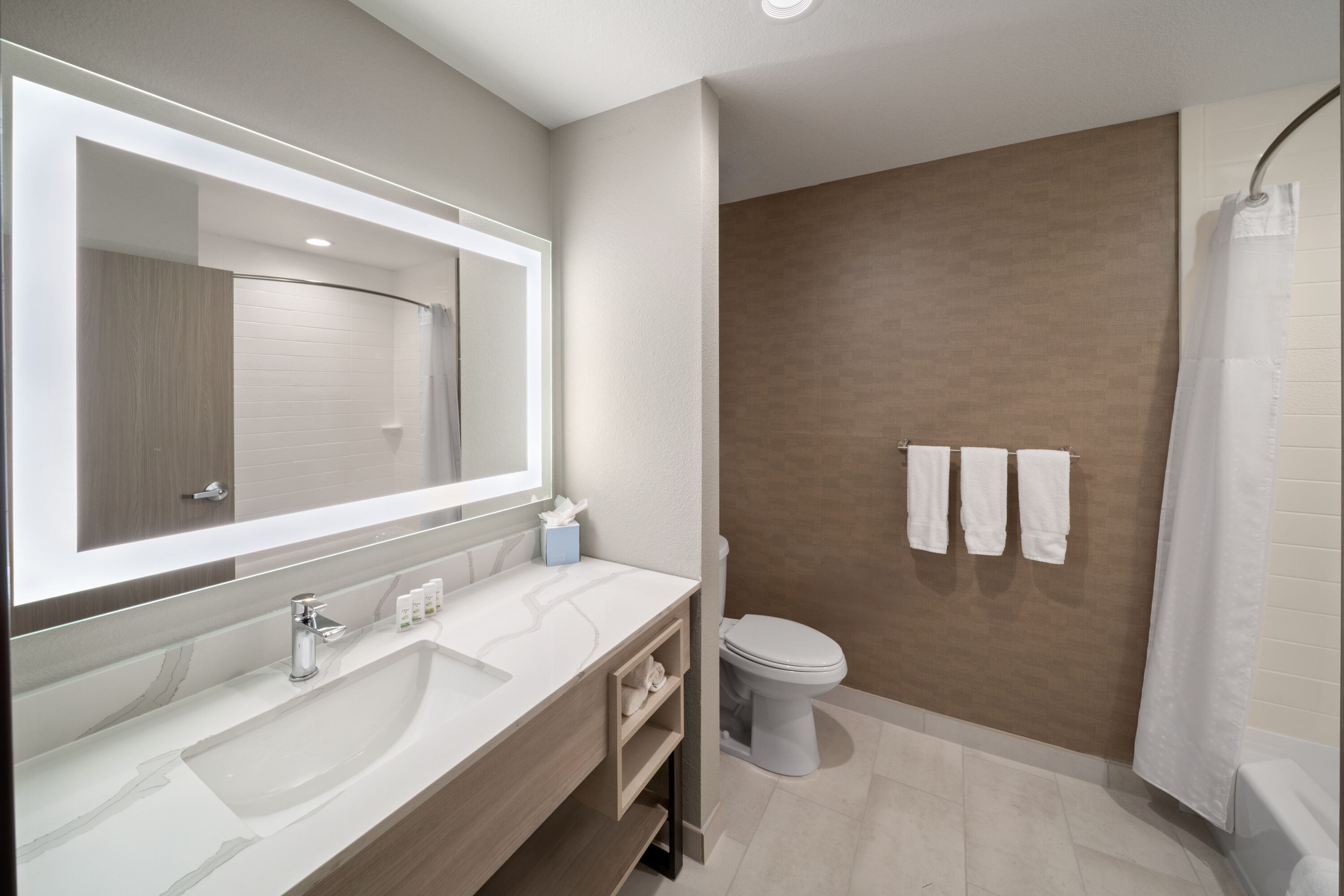 Guest room bath at the La Quinta Inn & Suites by Wyndham DeSoto in DeSoto, Texas