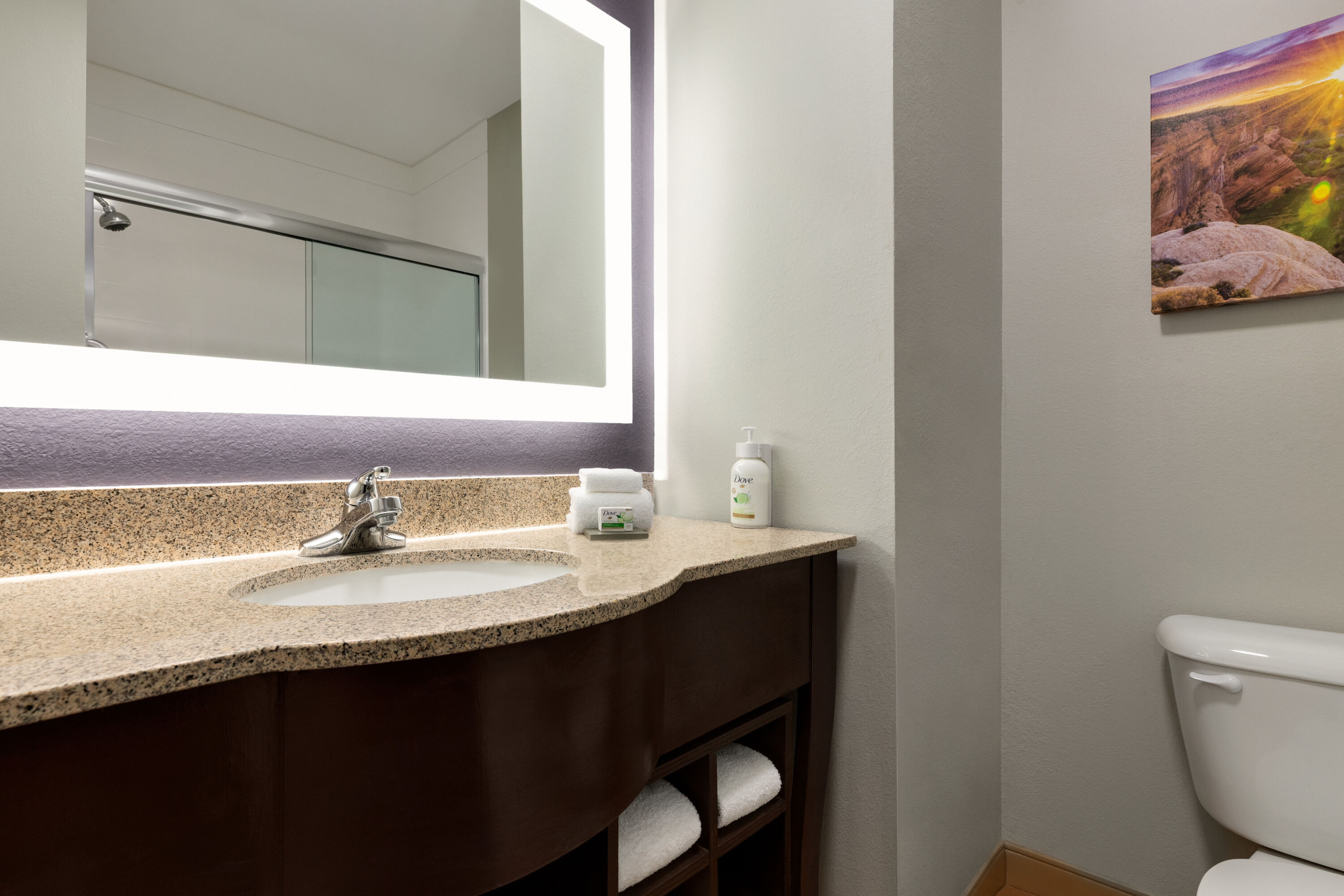 Guest room bath at the La Quinta Inn & Suites by Wyndham Dumas in Dumas, Texas