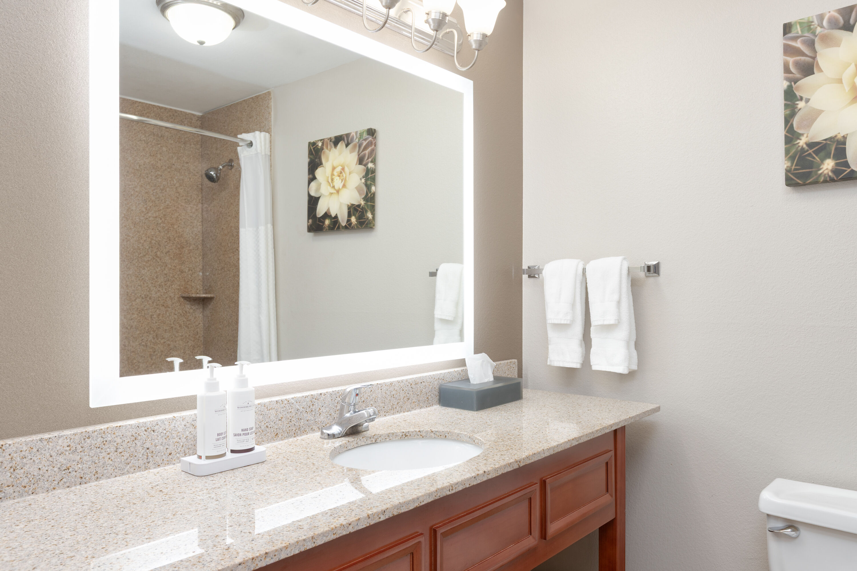 Guest room bath at the La Quinta Inn & Suites by Wyndham Fairfield TX in Fairfield, Texas