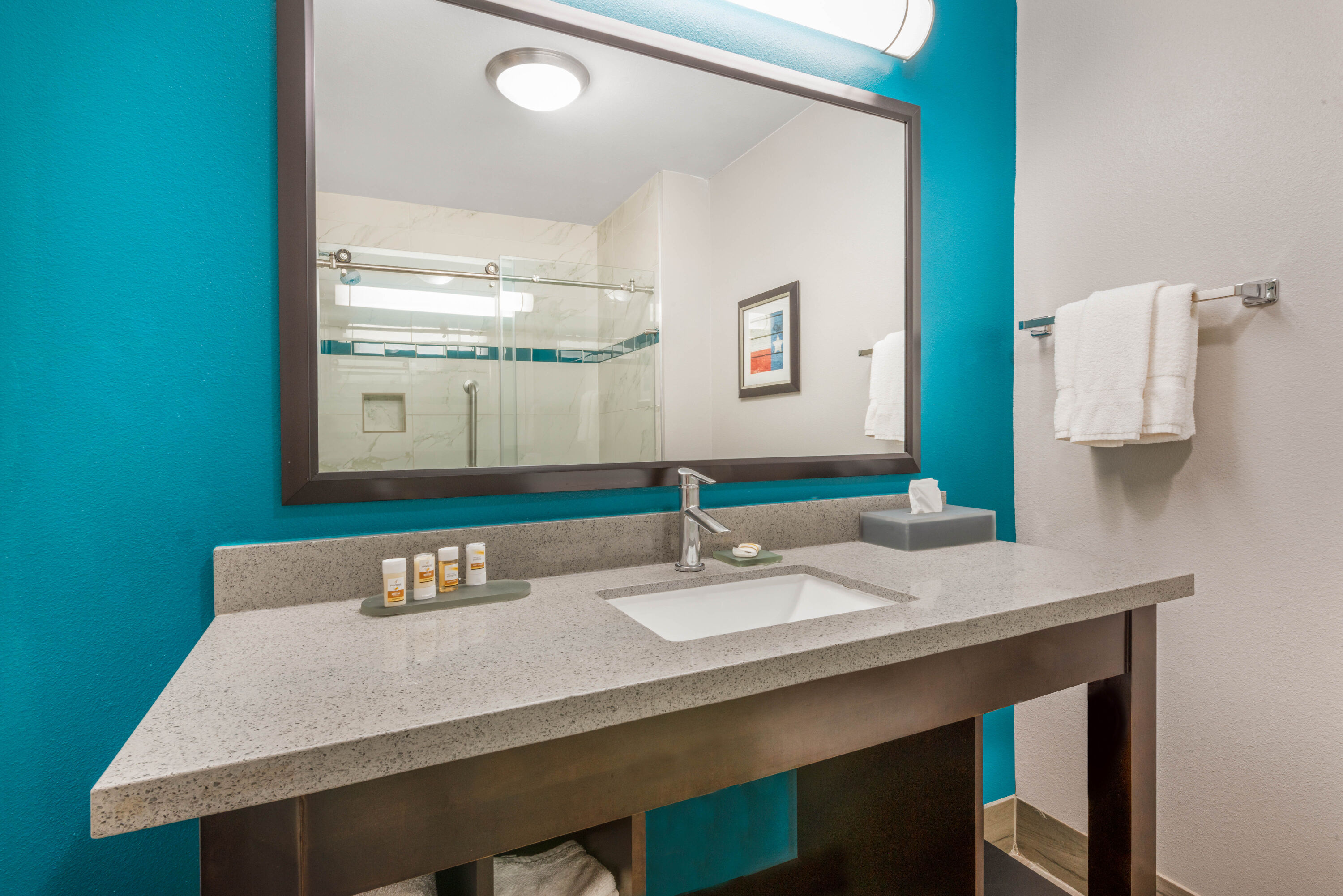 Guest room bath at the La Quinta Inn & Suites by Wyndham Houston Humble Atascocita in Humble, Texas