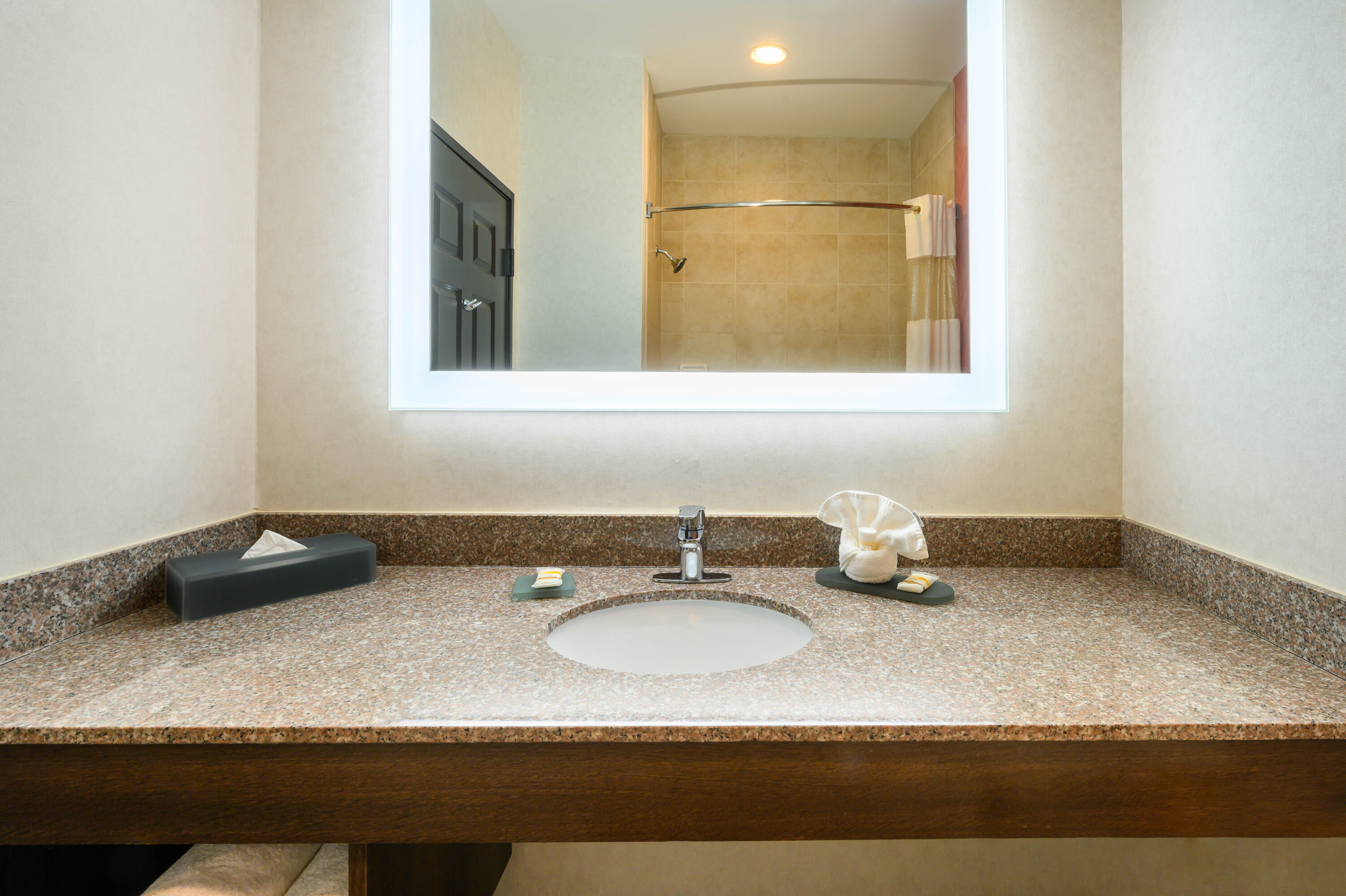 Guest room bath at the La Quinta Inn & Suites by Wyndham Longview North in Longview, Texas