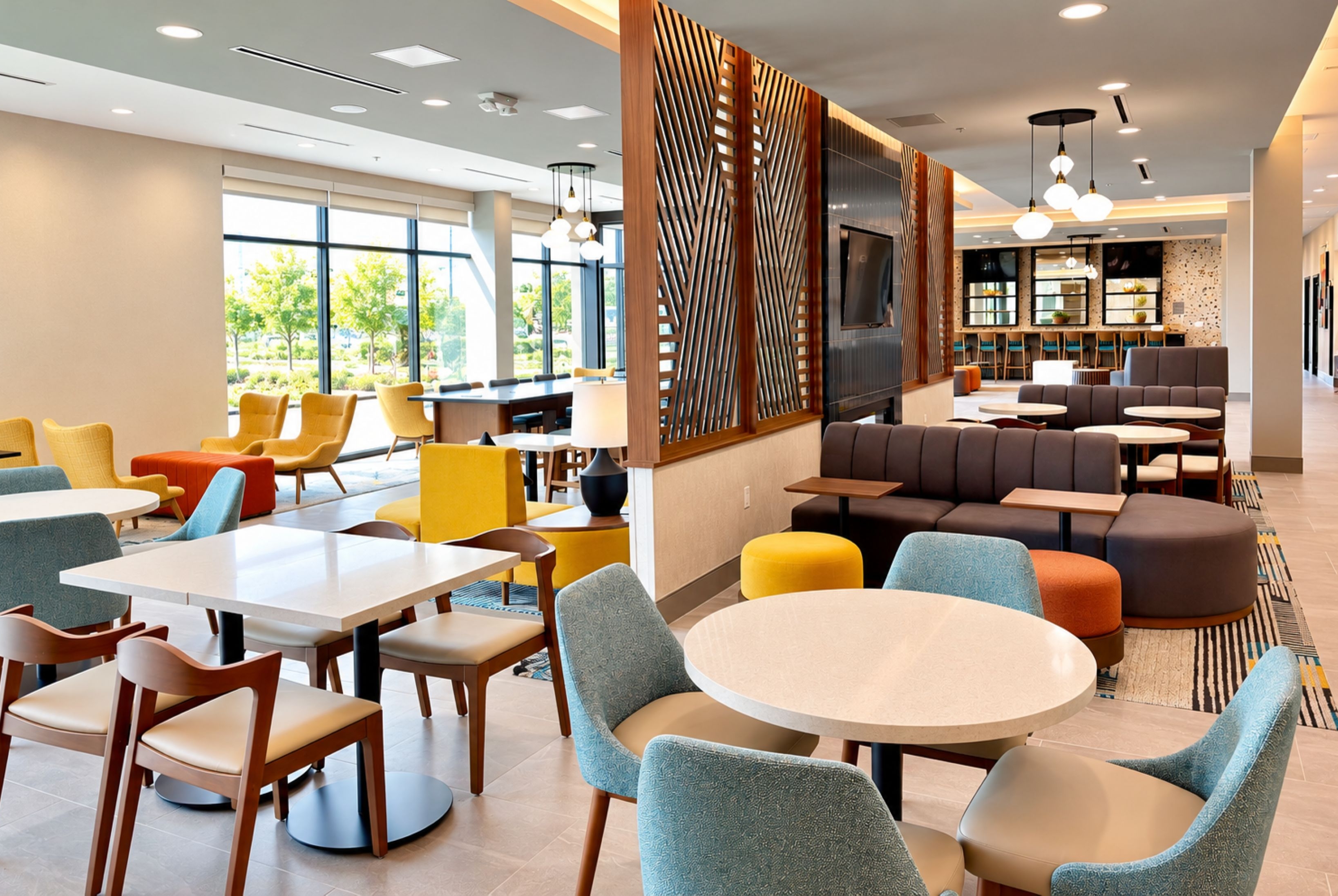 La Quinta Inn and Suites by Wyndham Central McKinney restaurant breakfast area with seating in Mckinney, Texas