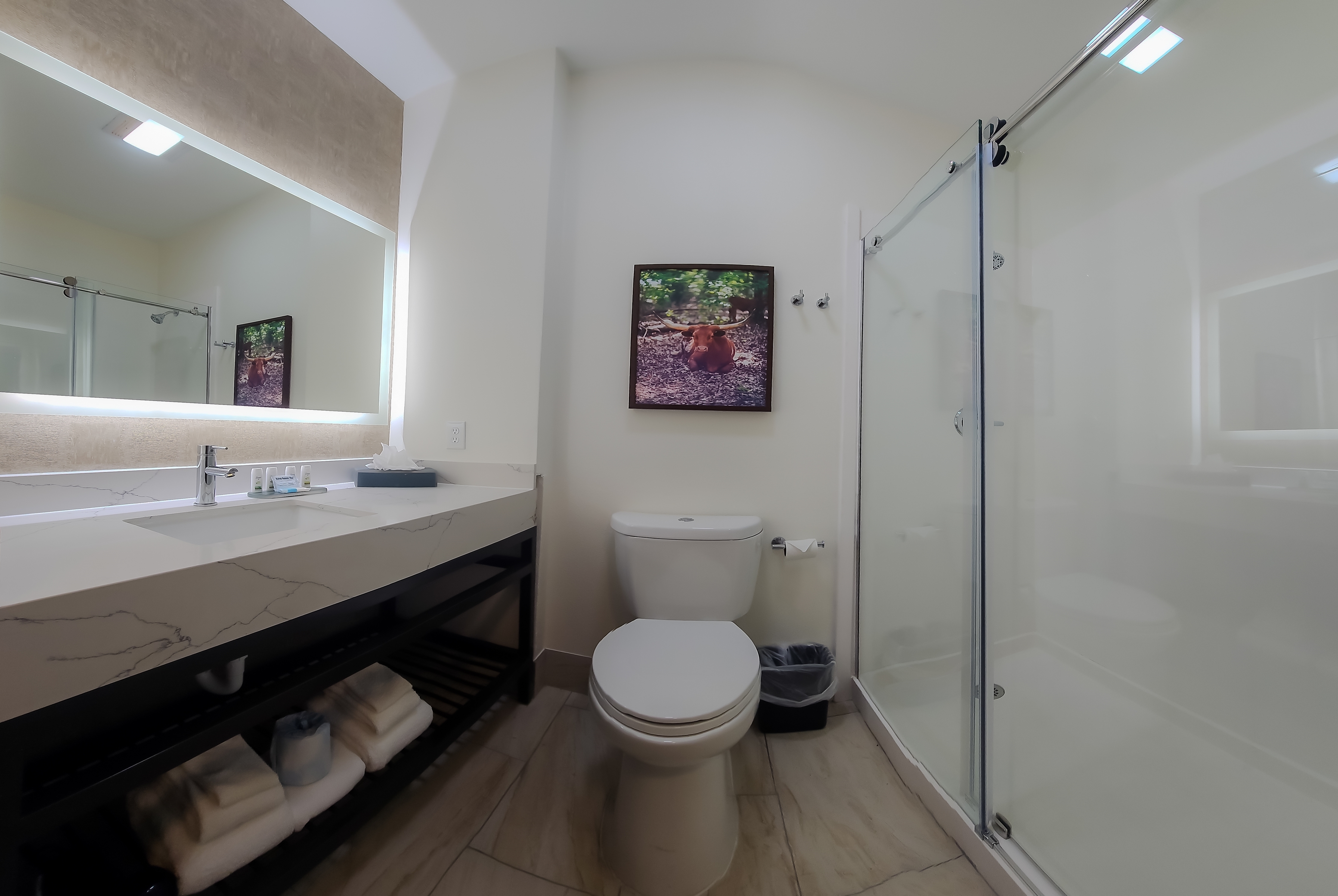 Guest room bath at the La Quinta Inn & Suites by Wyndham Dallas Mesquite in Mesquite, Texas