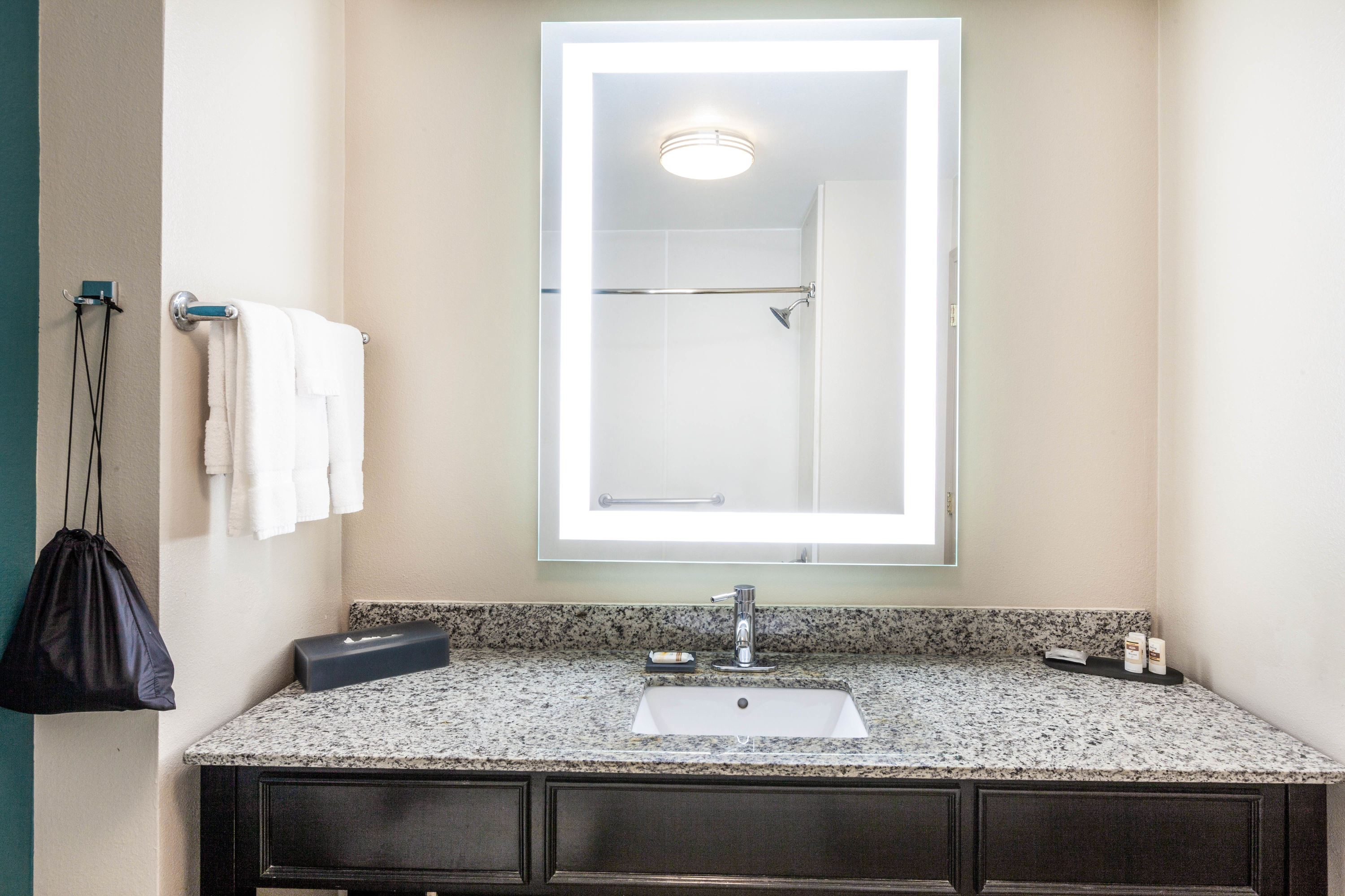 Guest room bath at the La Quinta Inn & Suites by Wyndham Midland North in Midland, Texas