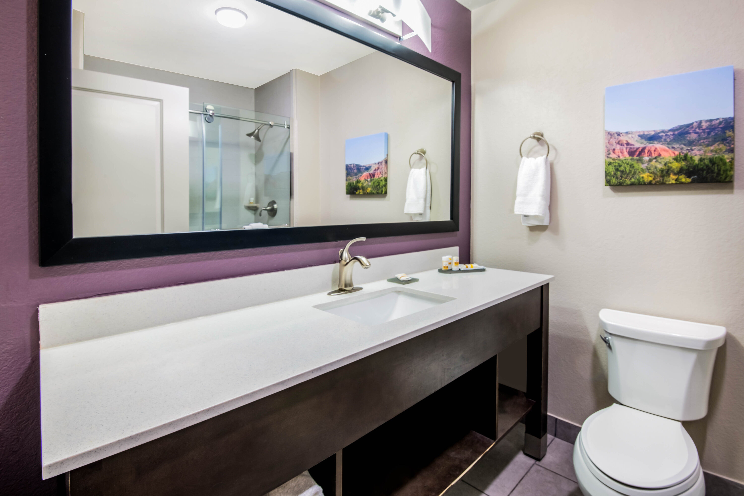 Guest room bath at the La Quinta Inn & Suites by Wyndham Pampa in Pampa, Texas