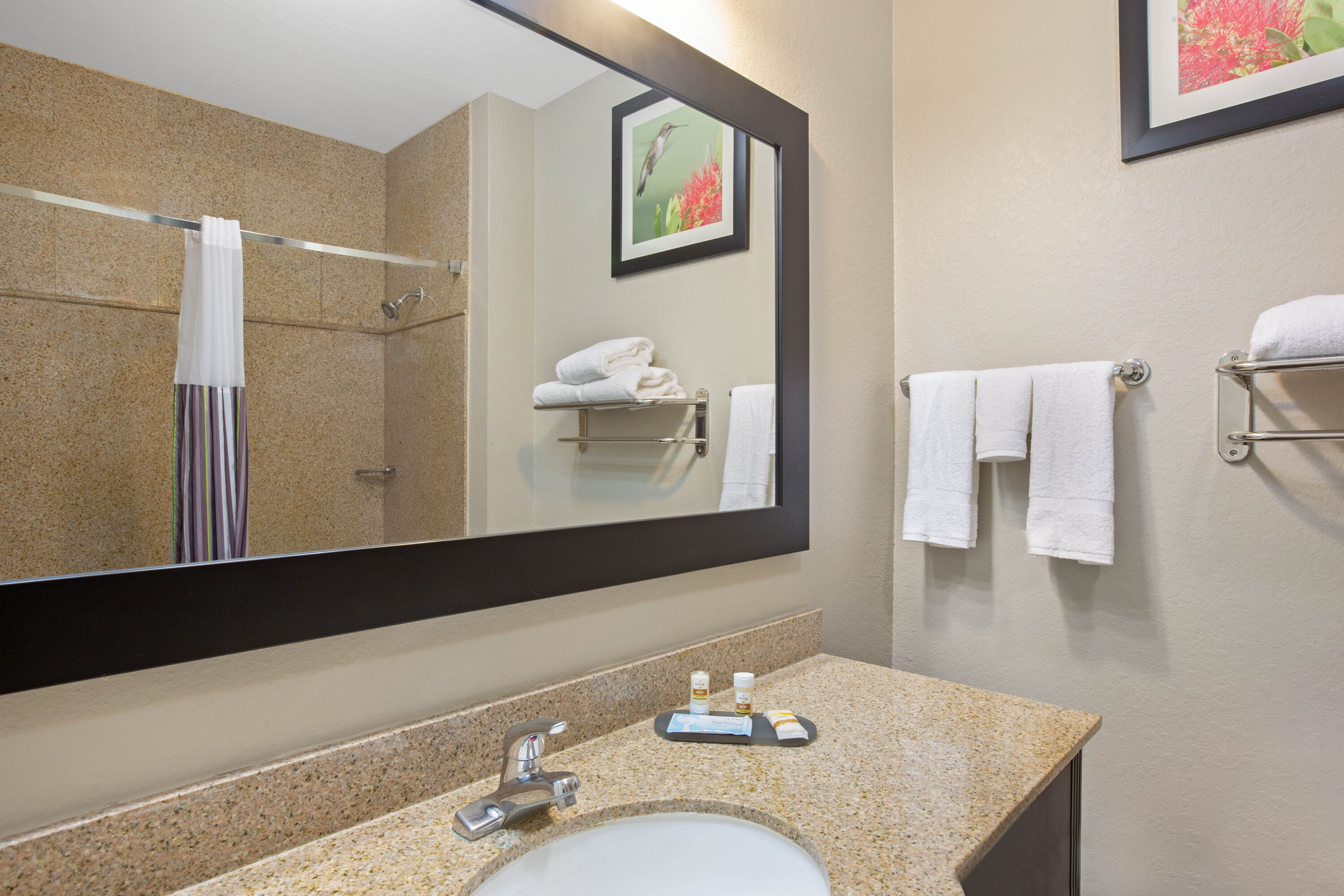 Guest room bath at the La Quinta Inn & Suites by Wyndham Pearland - Houston South in Pearland, Texas