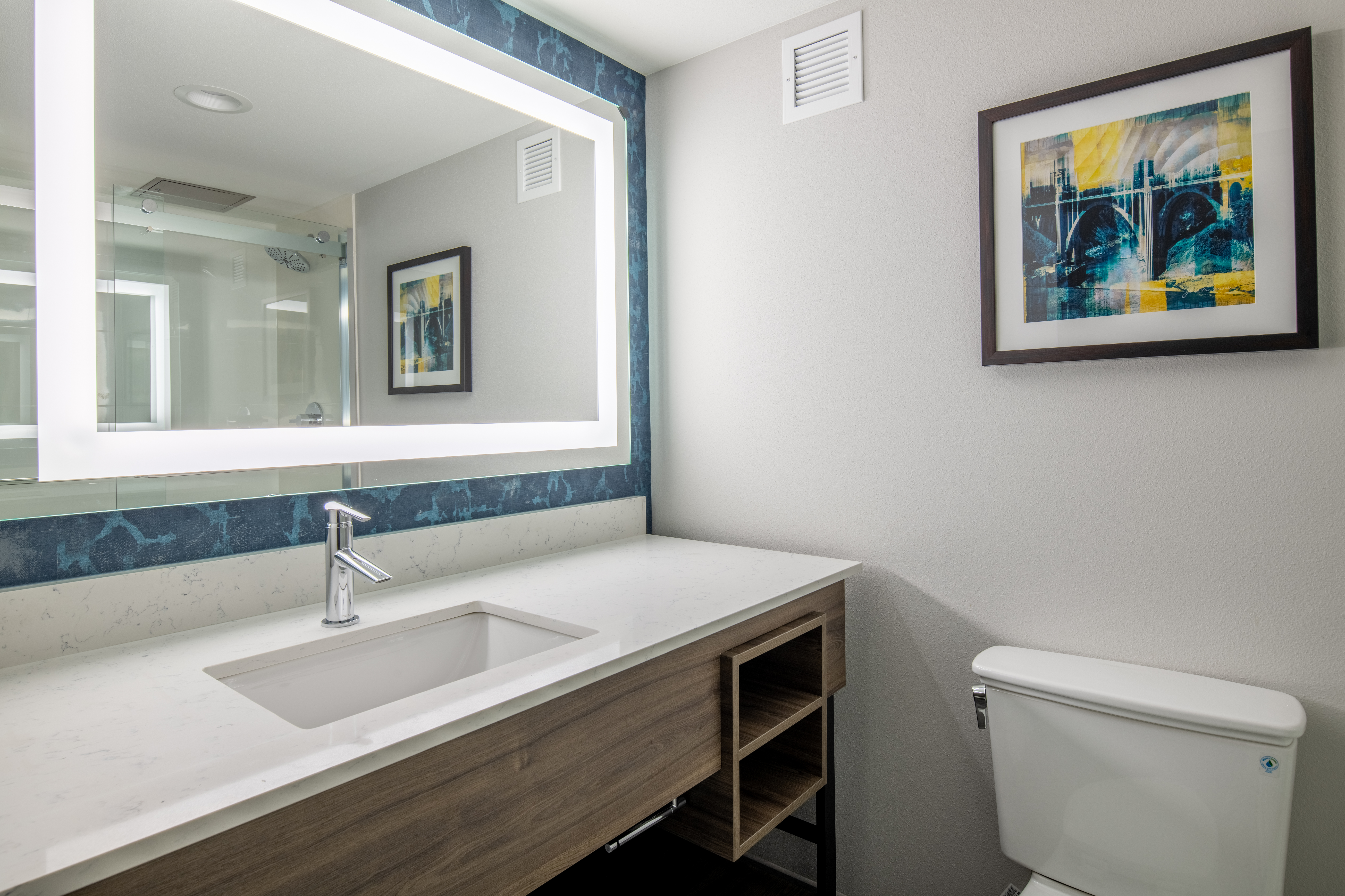 Guest room bath at the La Quinta Inn & Suites by Wyndham Spokane Downtown in Spokane, Washington