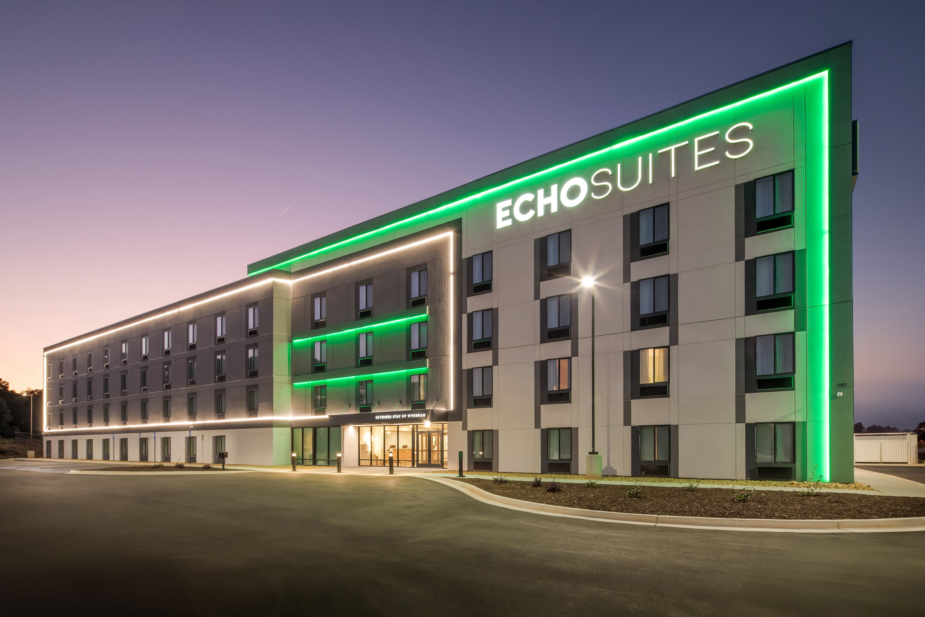 Exterior of ECHO Suites Extended Stay by Wyndham Conyers hotel in Conyers, Georgia