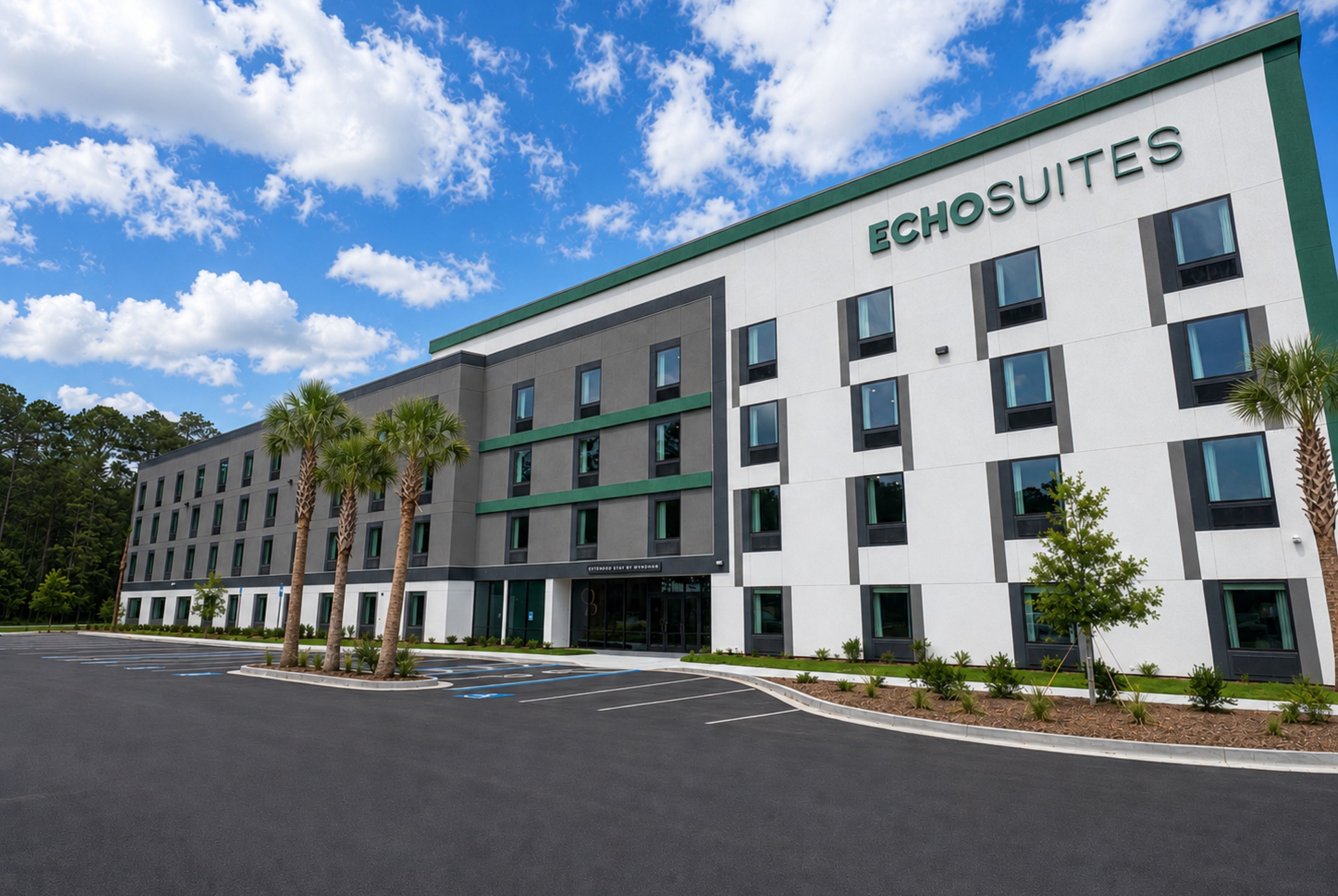Exterior of ECHO Suites Extended Stay by Wyndham Savannah Pooler hotel in Savannah, Georgia