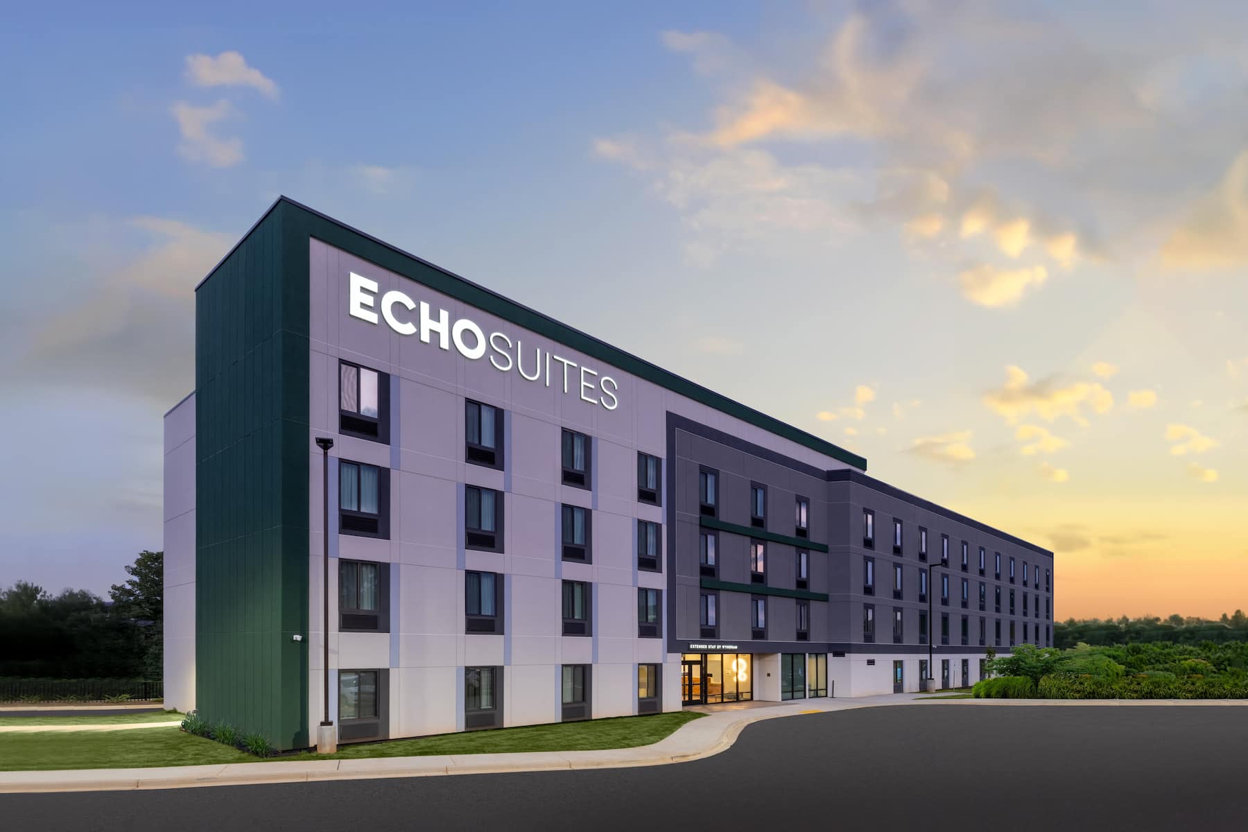 Exterior of ECHO Suites Extended Stay by Wyndham Spartanburg hotel in Spartanburg, South Carolina