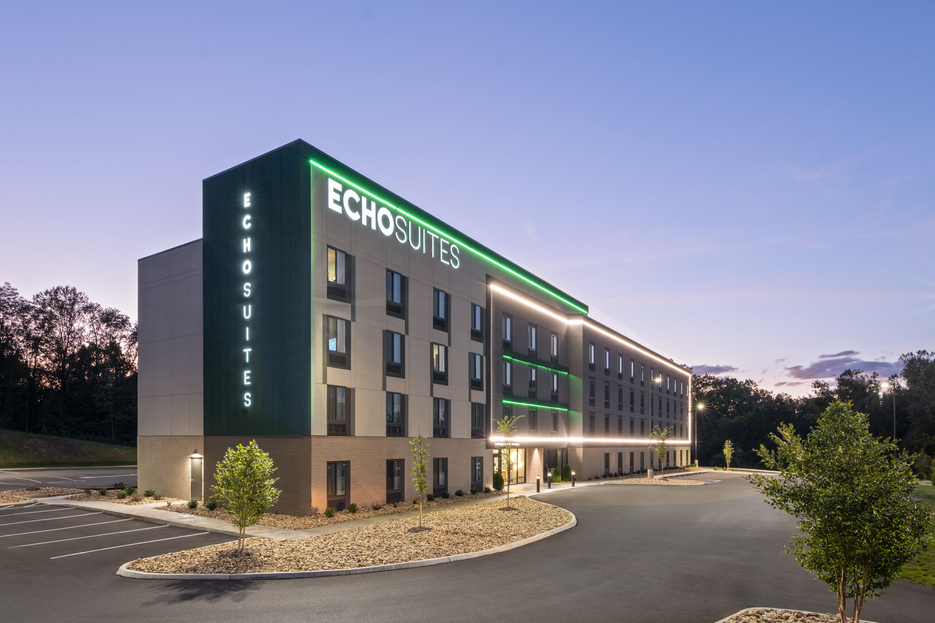 Exterior Dusk Image of ECHO Suites Extended Stay by Wyndham Johnson City Medical CR hotel in Johnson City, Tennessee