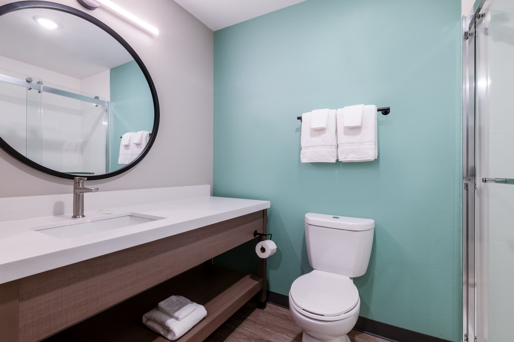 Guest room bath at the ECHO Suites Extended Stay by Wyndham Fort Worth Alliance in Fort Worth, Texas