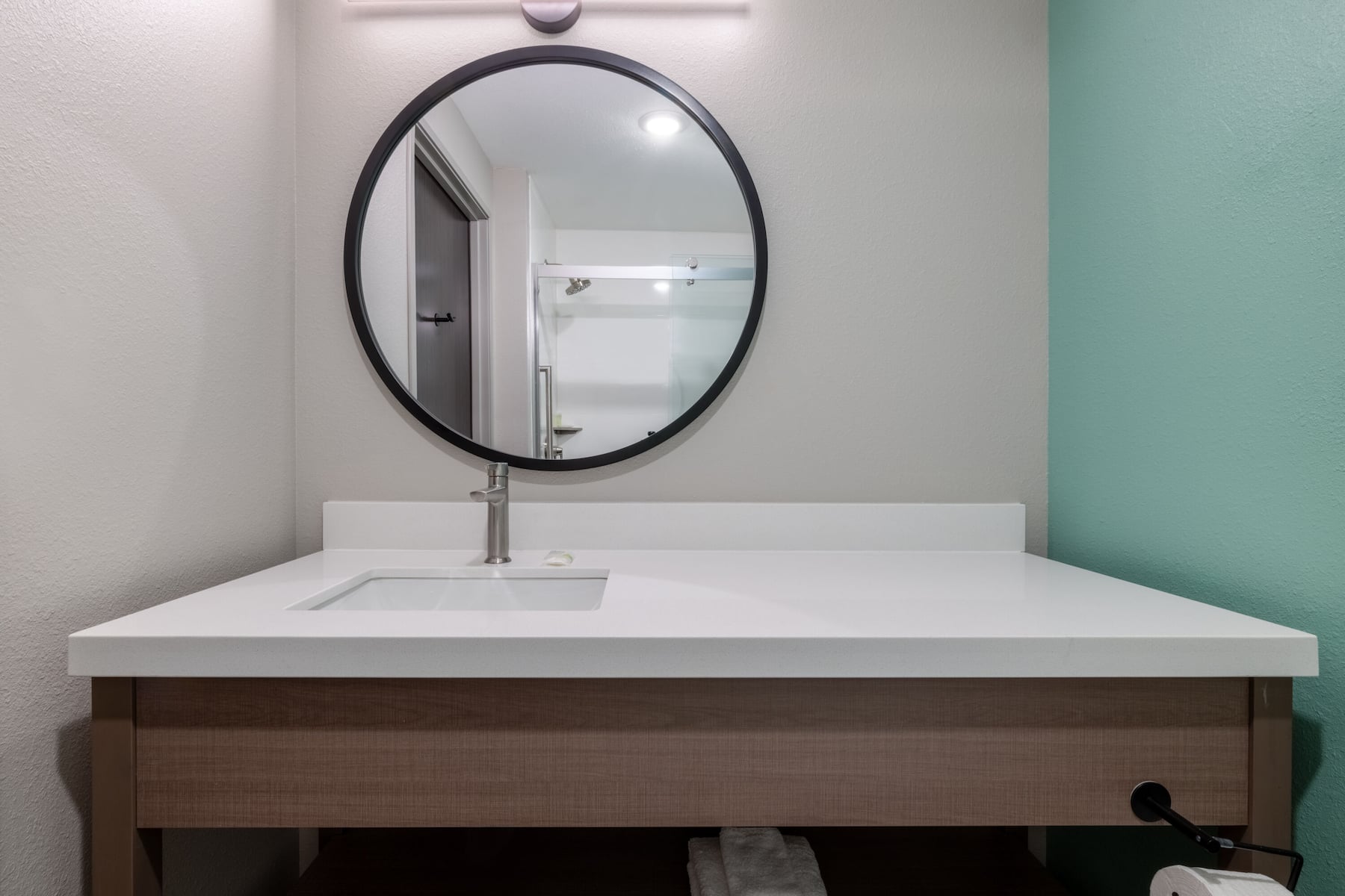 Guest room bath at the ECHO Suites Extended Stay by Wyndham Fort Worth Alliance in Fort Worth, Texas