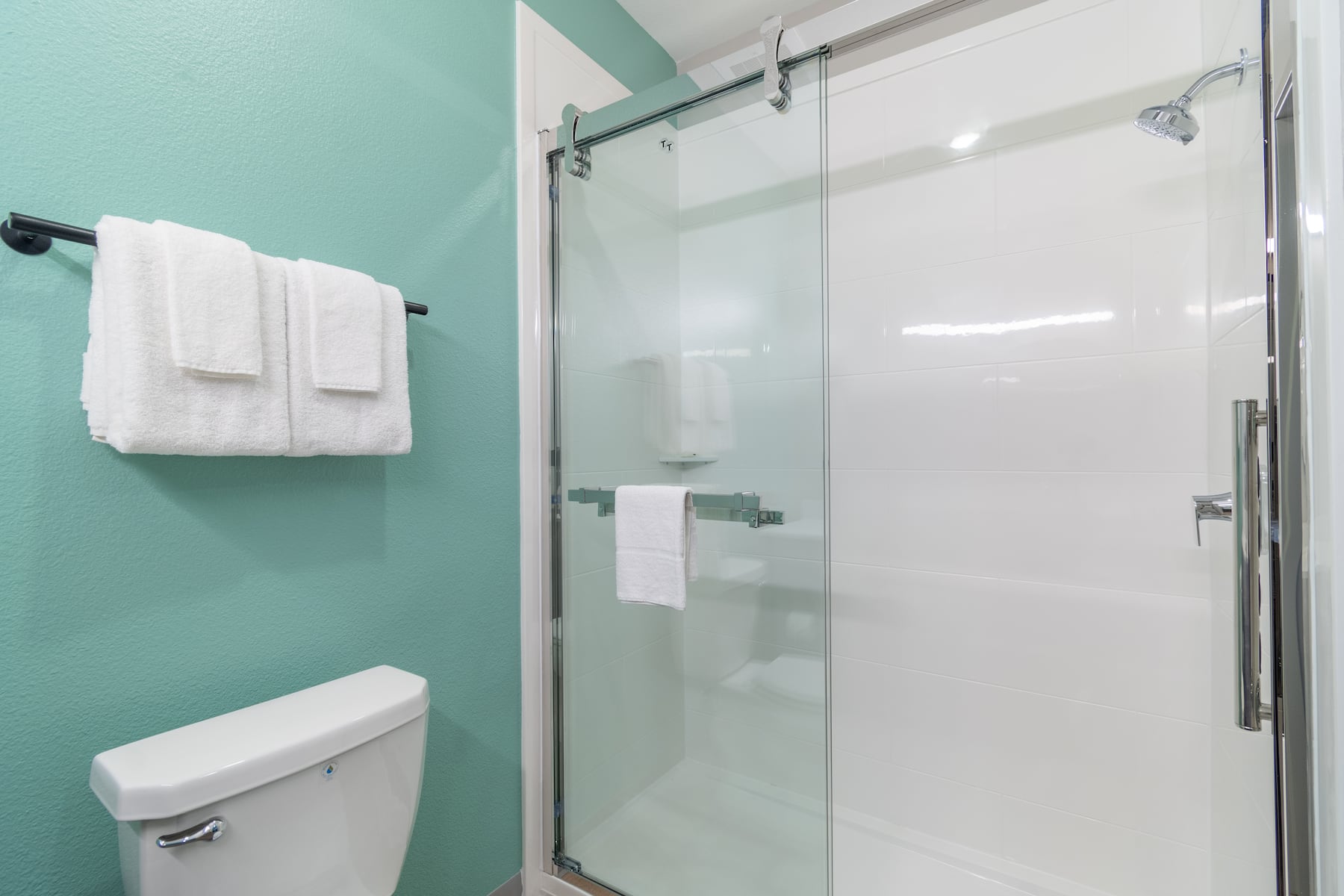Guest room bath at the ECHO Suites Extended Stay by Wyndham Houston Katy West in Katy, Texas
