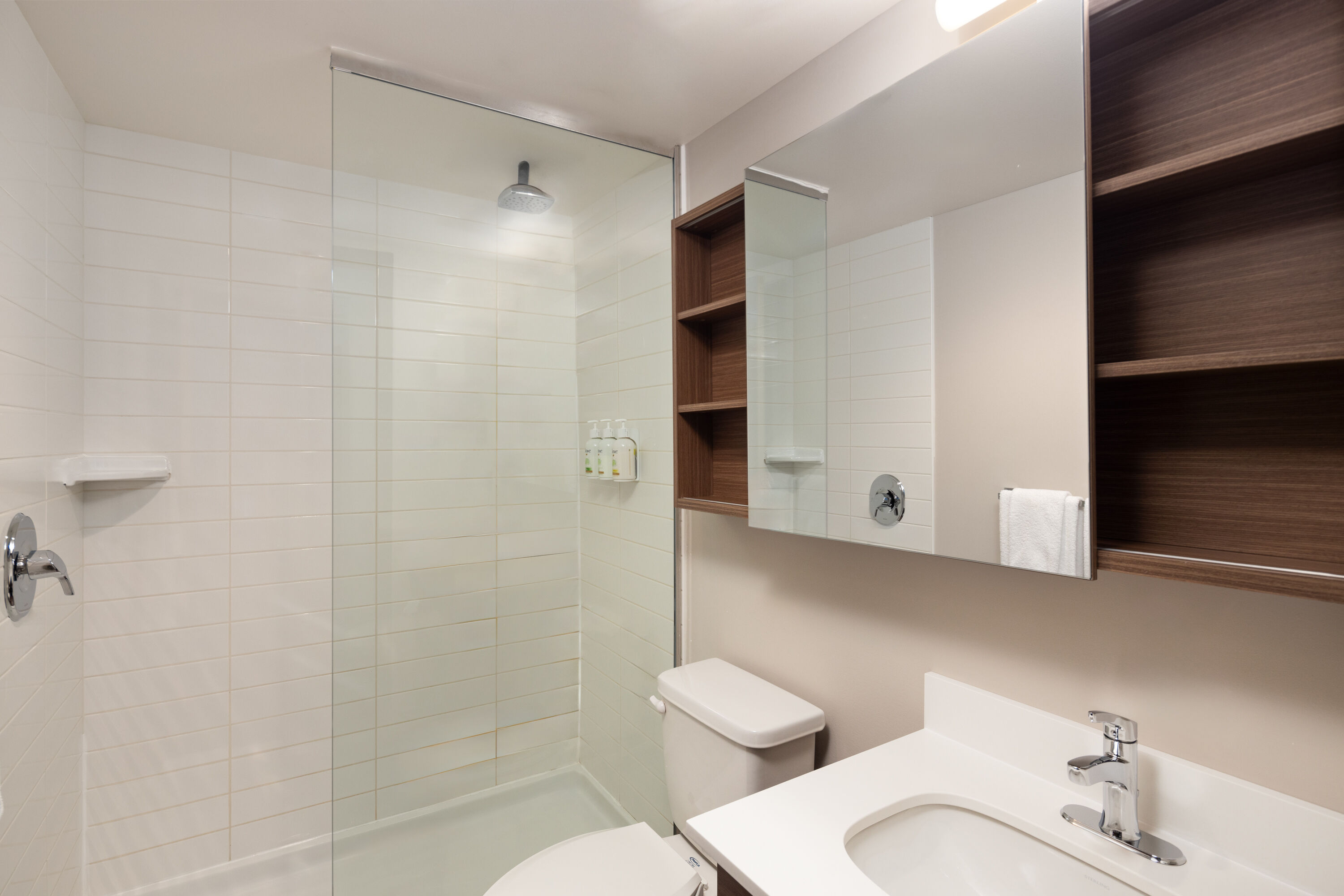 Guest room bath at the Microtel Inn & Suites by Wyndham Kirkland Lake in Kirkland Lake, Ontario