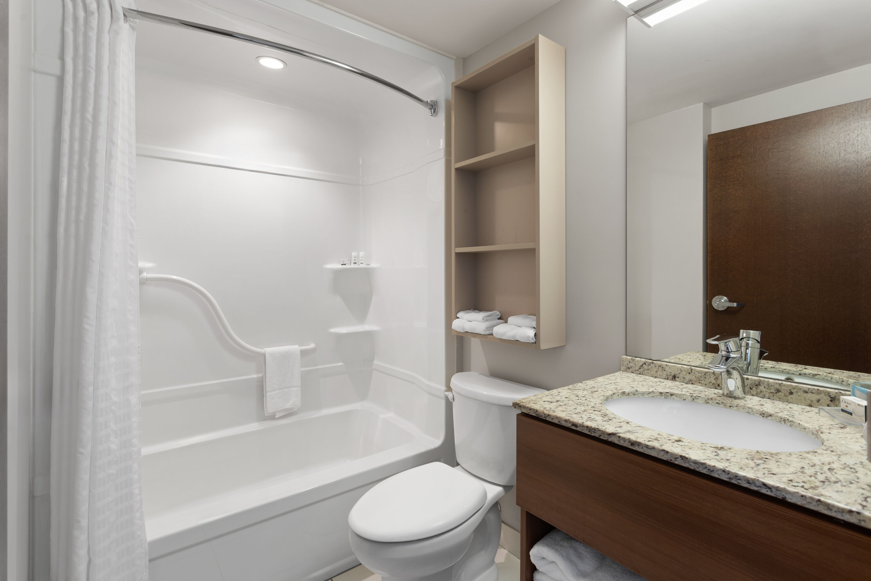 Guest room bath at the Microtel Inn & Suites by Wyndham Sault Ste. Marie in Sault Sainte Marie, Ontario