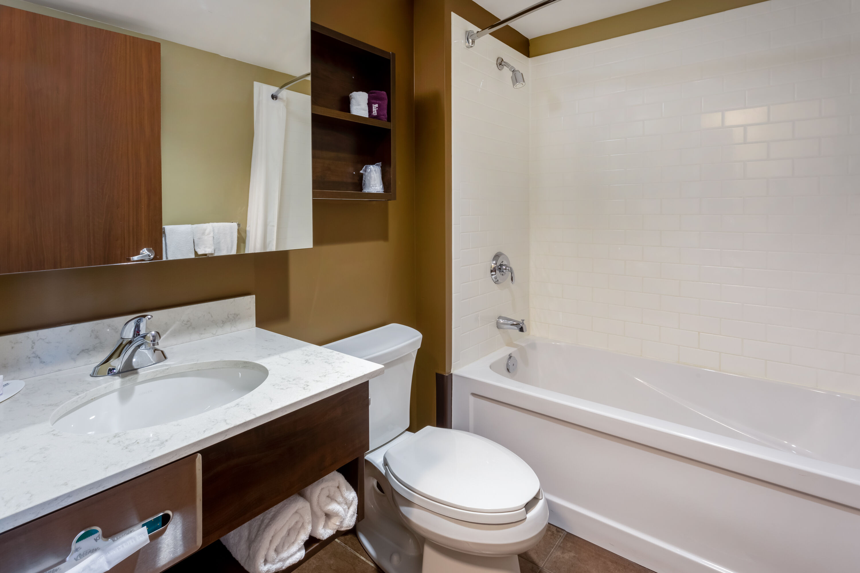 Guest room bath at the Microtel Inn & Suites by Wyndham Timmins in Timmins, Ontario