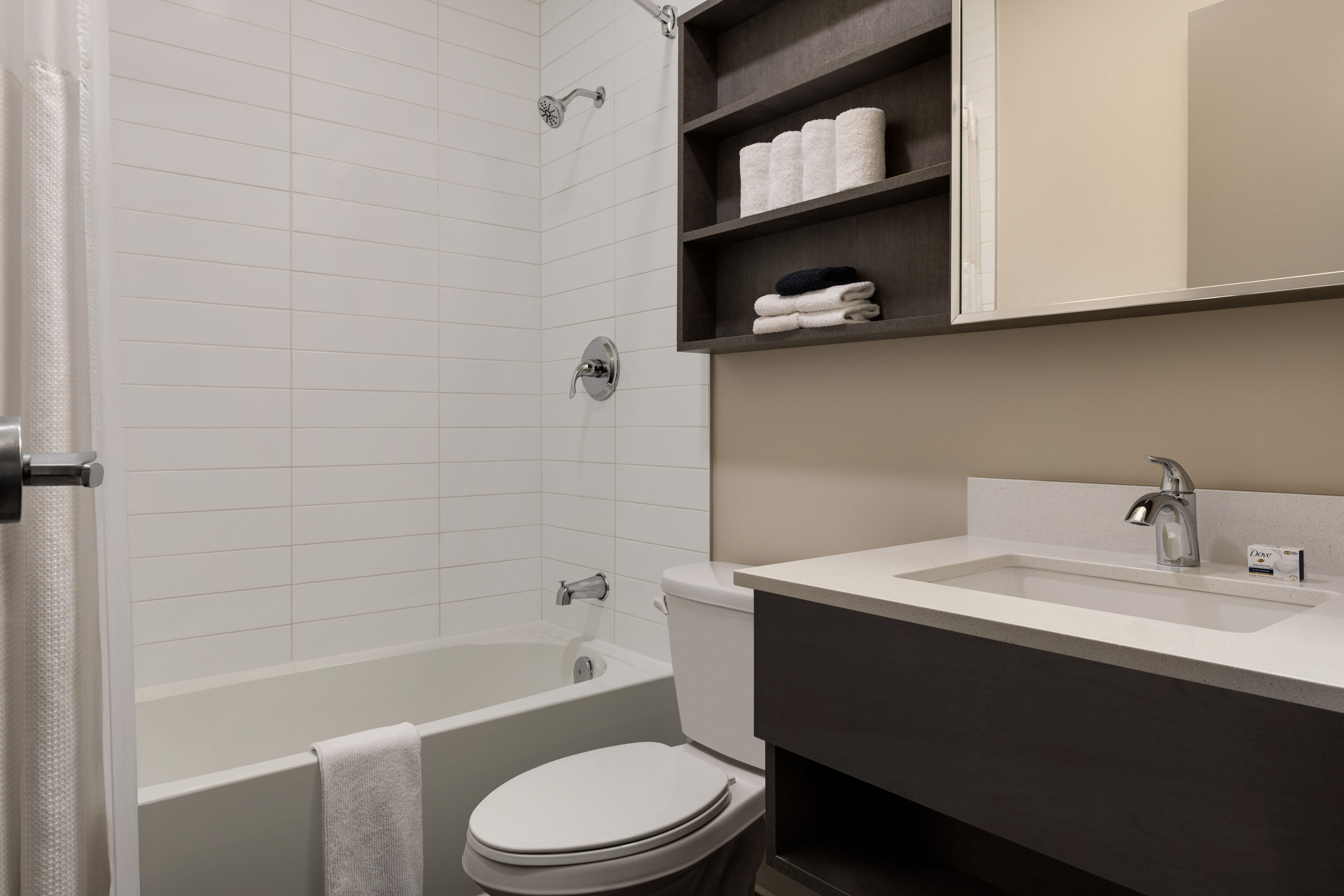 Guest room bath at the Microtel Inn & Suites by Wyndham Boisbriand in Boisbriand, Quebec