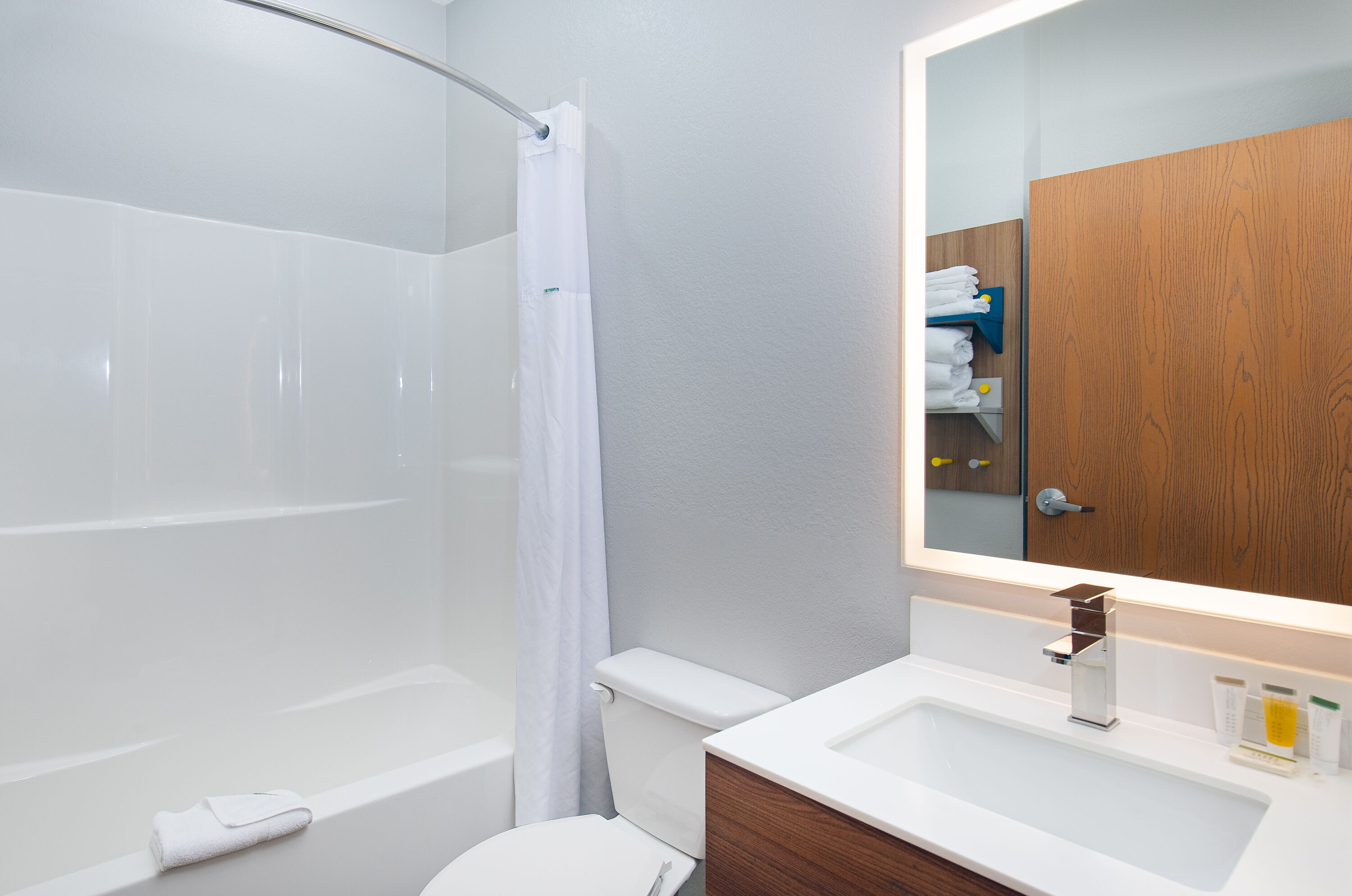 Guest room bath at the Microtel Inn & Suites by Wyndham Opelika in Opelika, Alabama