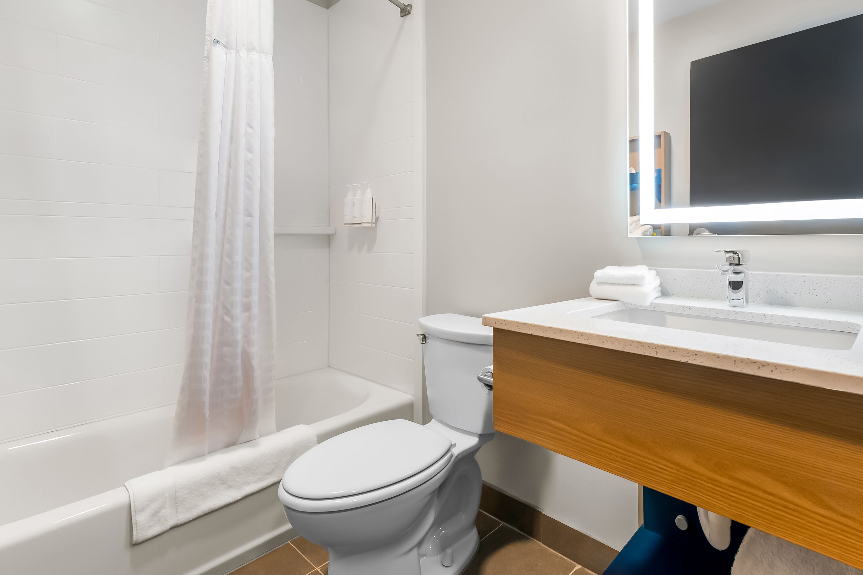 Guest room bath at the Microtel Inn & Suites by Wyndham Prattville Montgomery in Prattville, Alabama