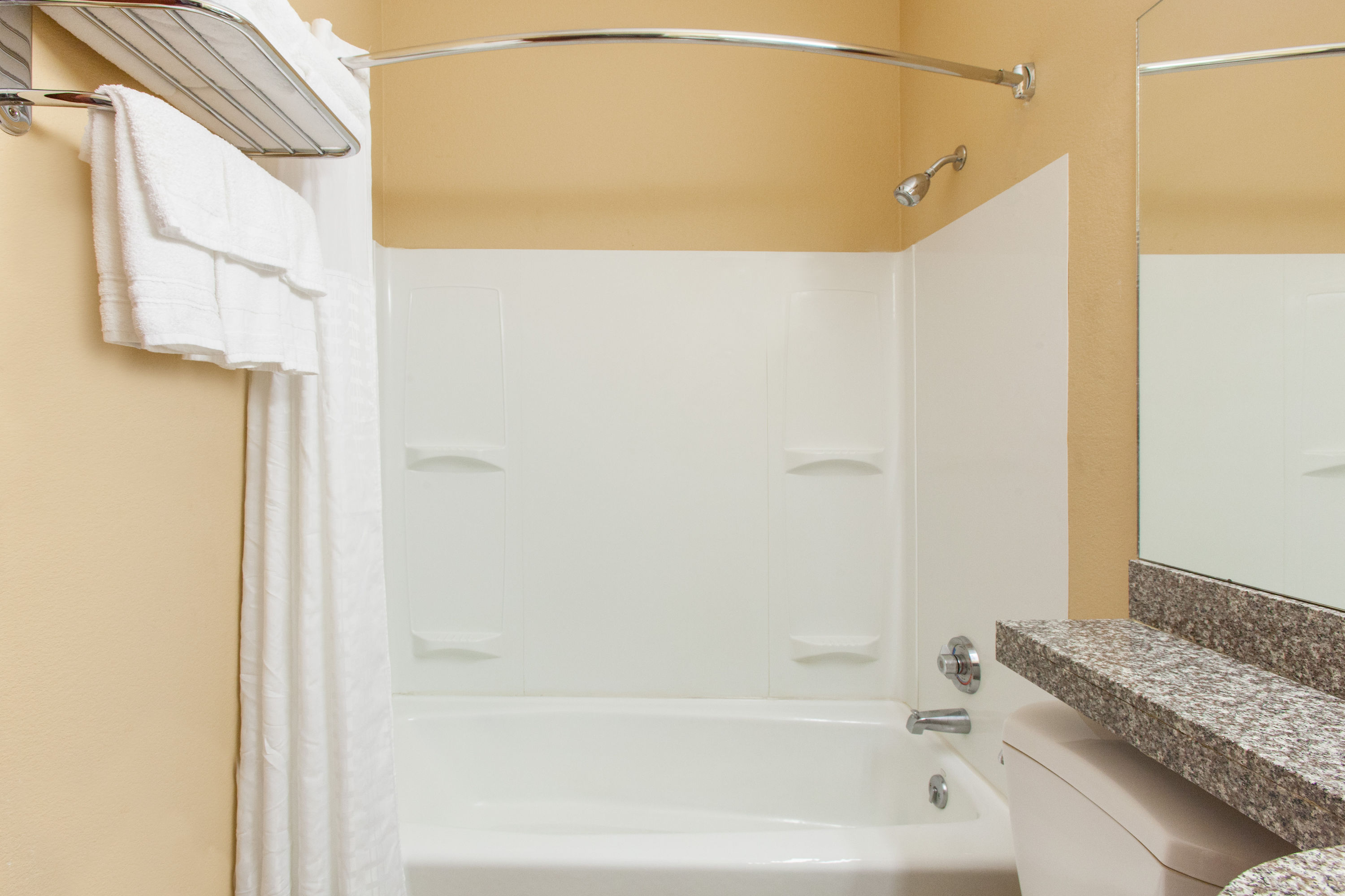Guest room bath at the Microtel Inn & Suites by Wyndham Rogers in Rogers, Arkansas