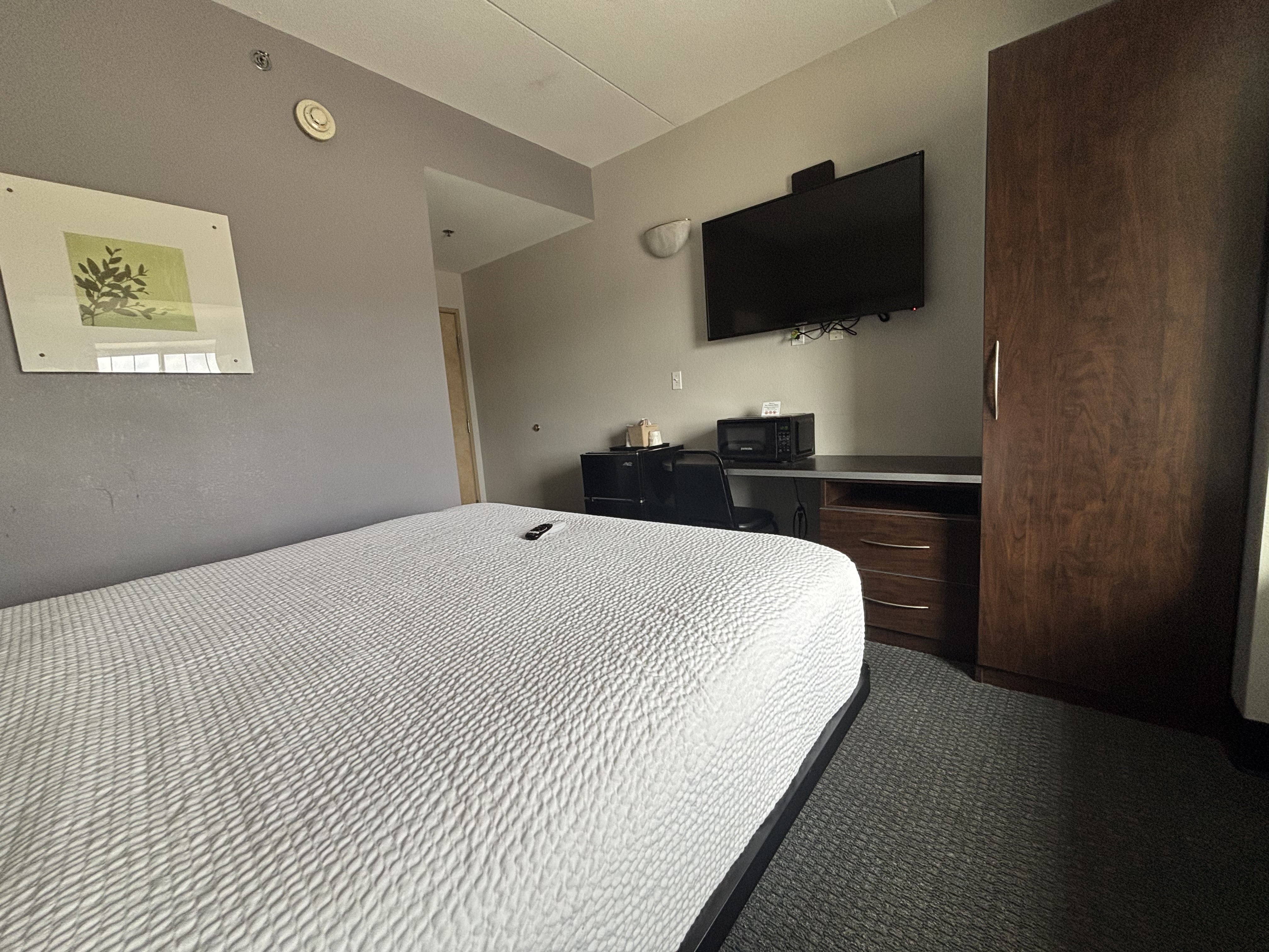 King bed guest room at the Microtel Inn & Suites by Wyndham Quincy Downtown/River Area in Quincy, Illinois