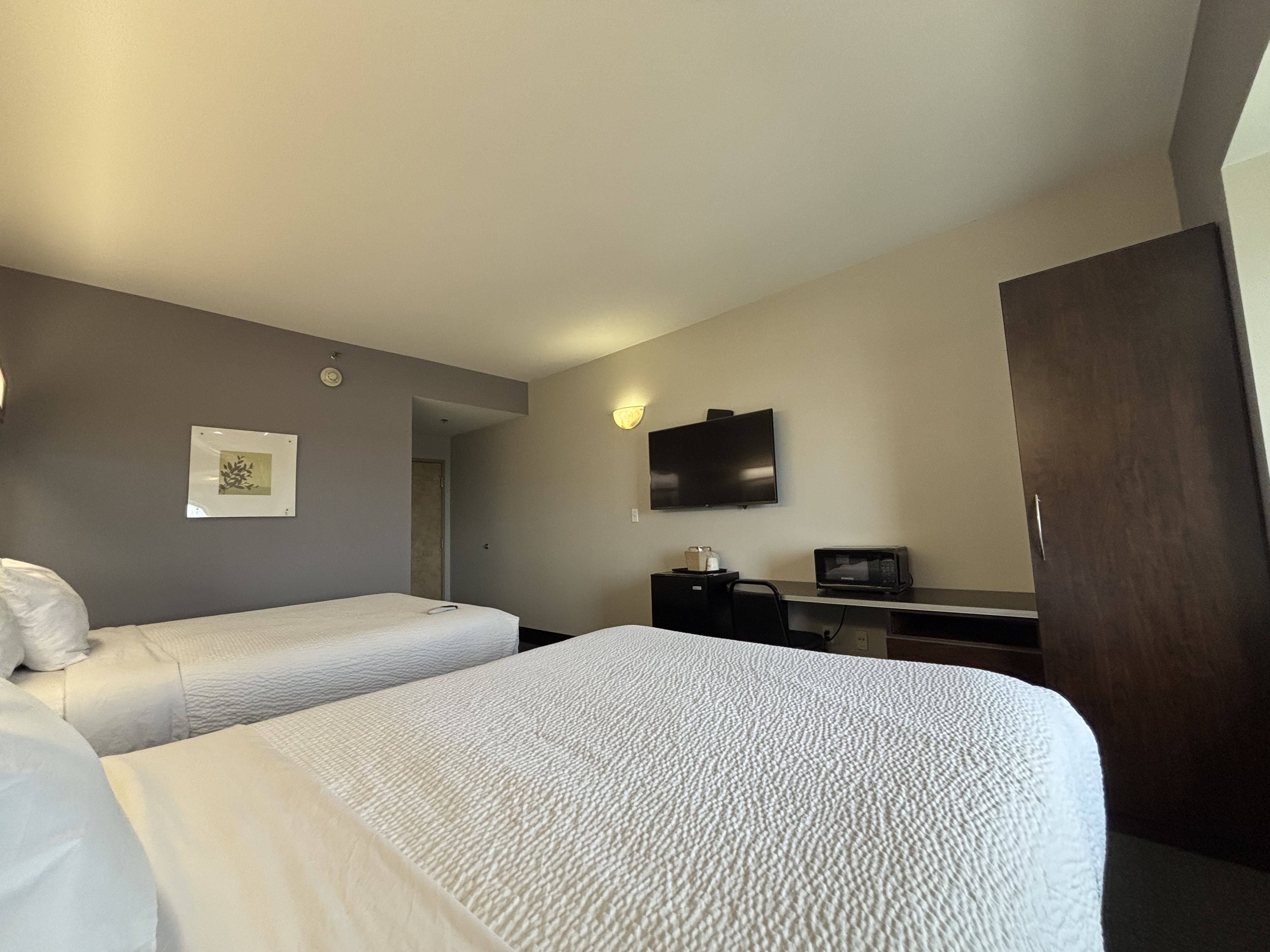 King bed guest room at the Microtel Inn & Suites by Wyndham Quincy Downtown/River Area in Quincy, Illinois