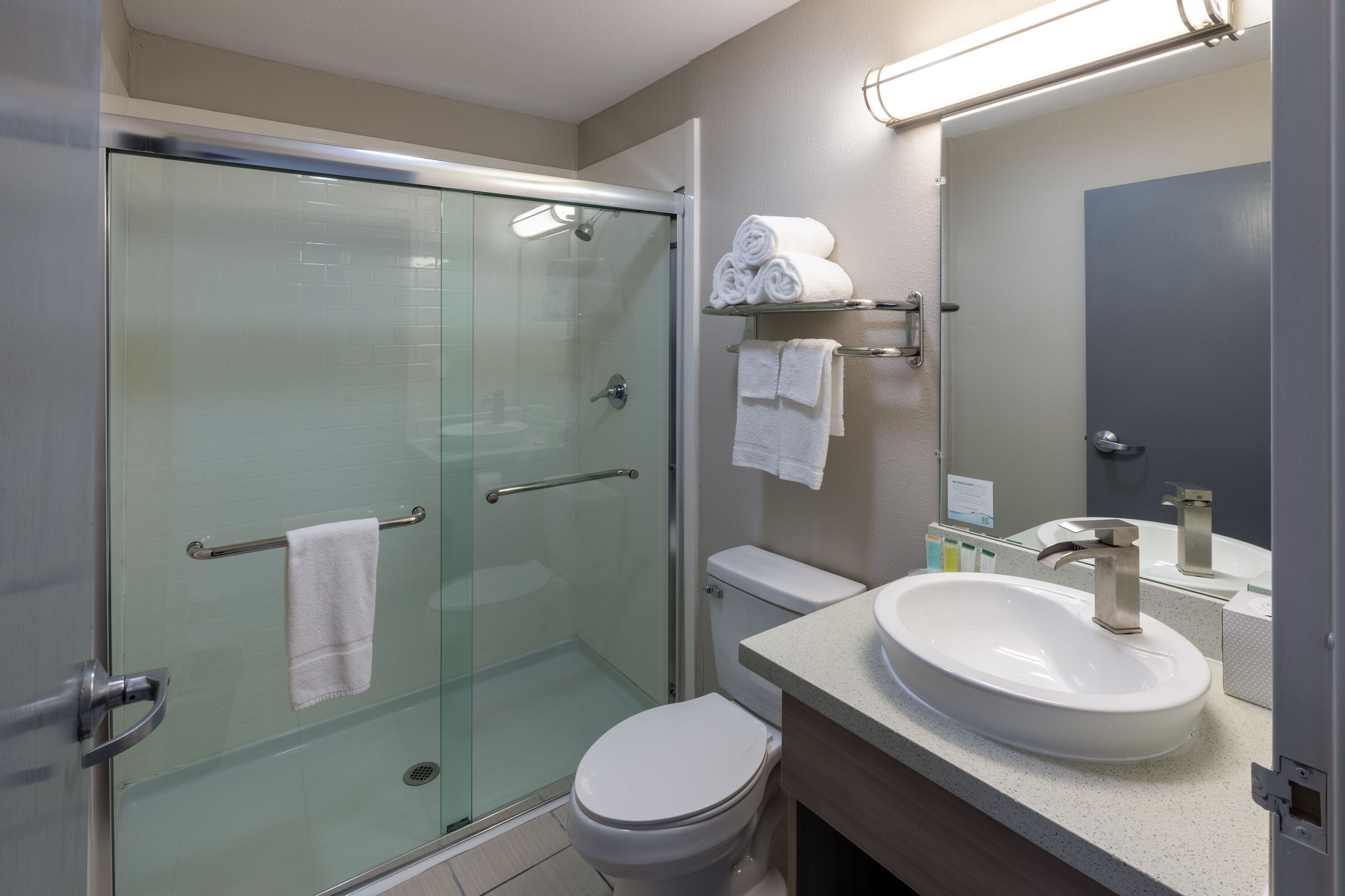 Guest room bath at the Microtel Inn & Suites by Wyndham Bossier City in Bossier City, Louisiana