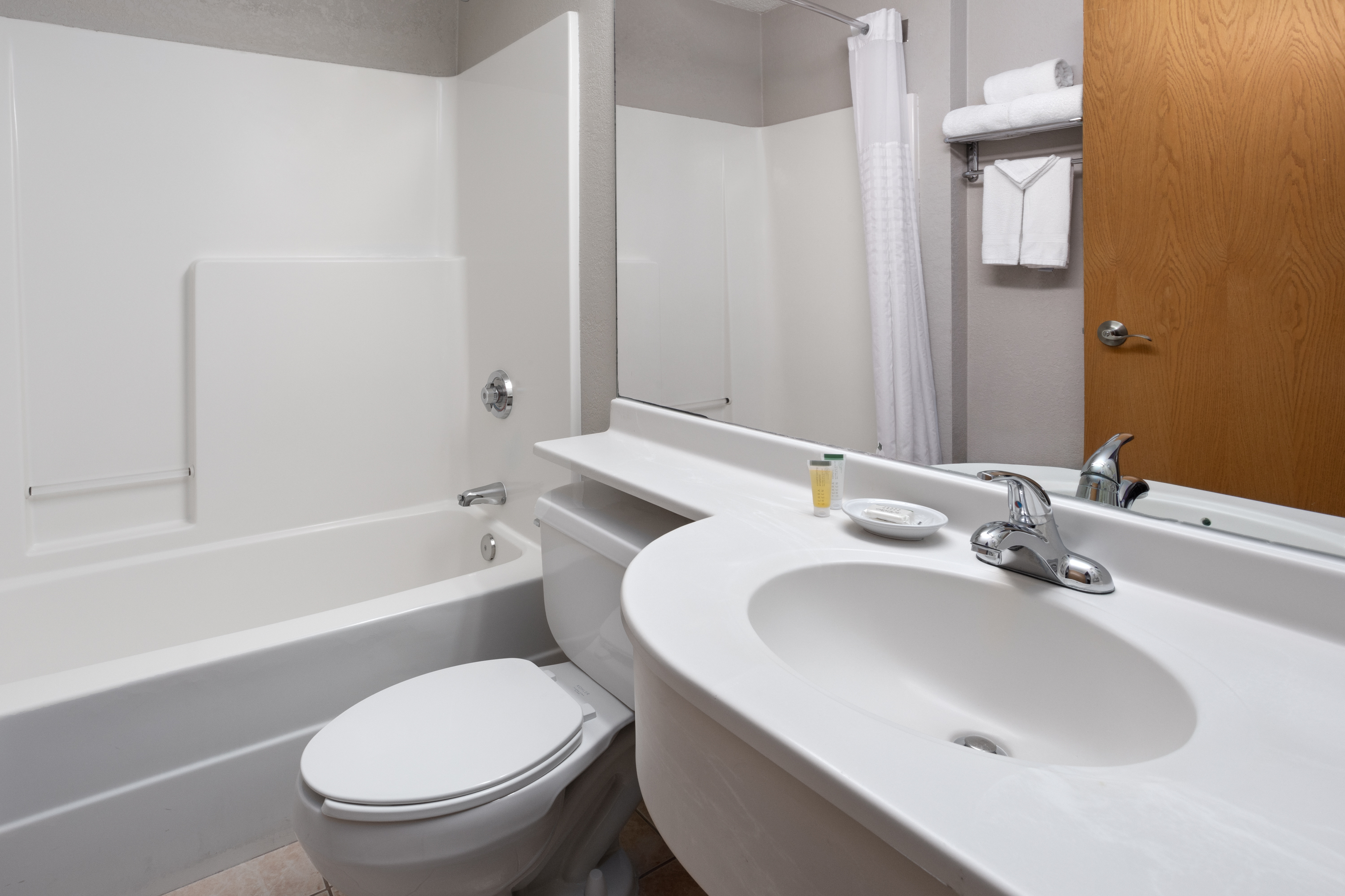 Guest room bath at the Microtel Inn & Suites by Wyndham Ann Arbor in Ann Arbor, Michigan