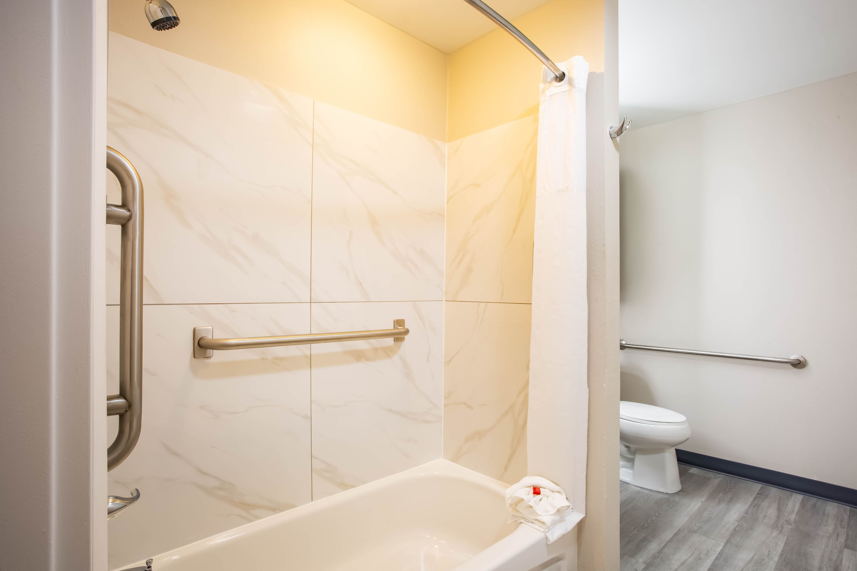 Guest room bath at the Microtel Inn & Suites by Wyndham Southern Pines / Pinehurst in Southern Pines, North Carolina