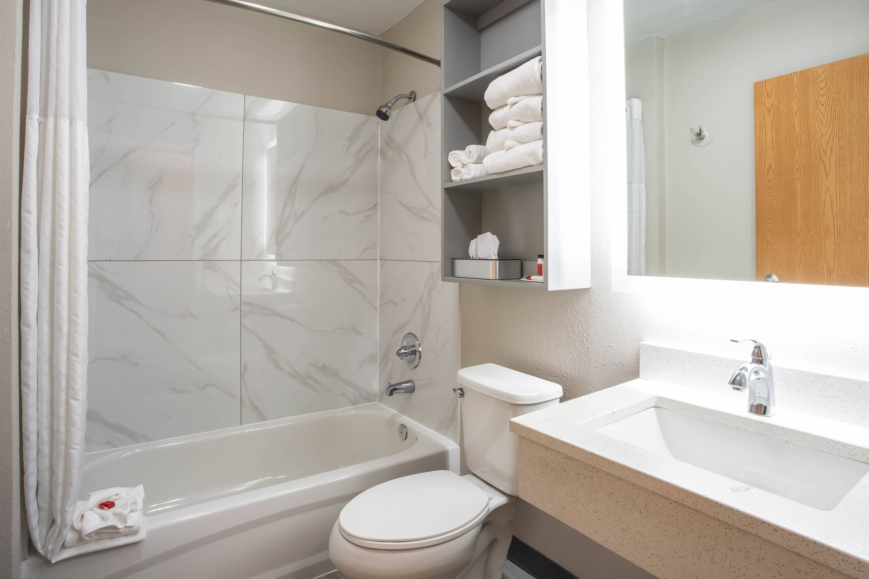 Guest room bath at the Microtel Inn & Suites by Wyndham Southern Pines / Pinehurst in Southern Pines, North Carolina