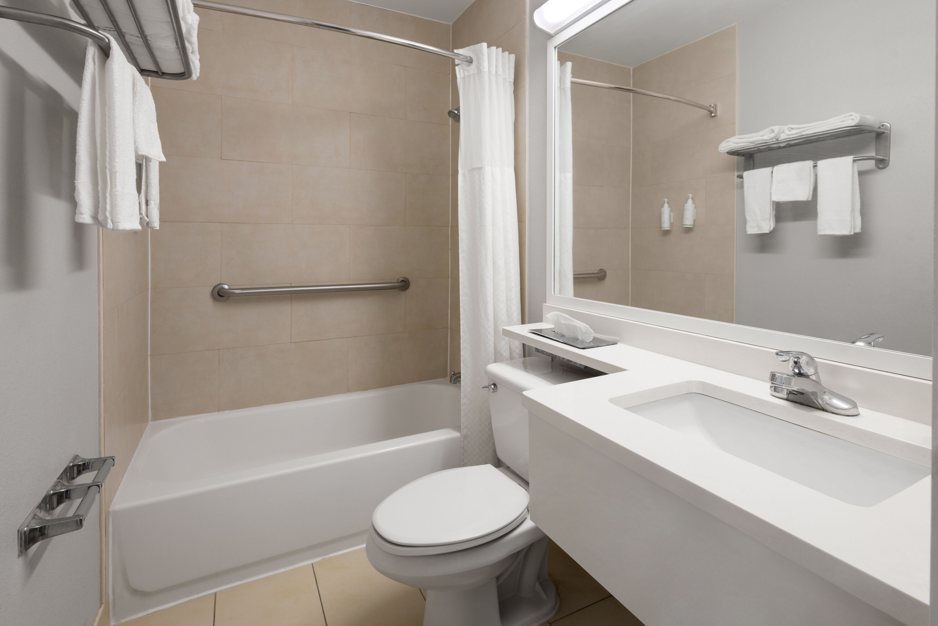 Guest room bath at the Microtel Inn by Wyndham Albany Airport in Latham, New York