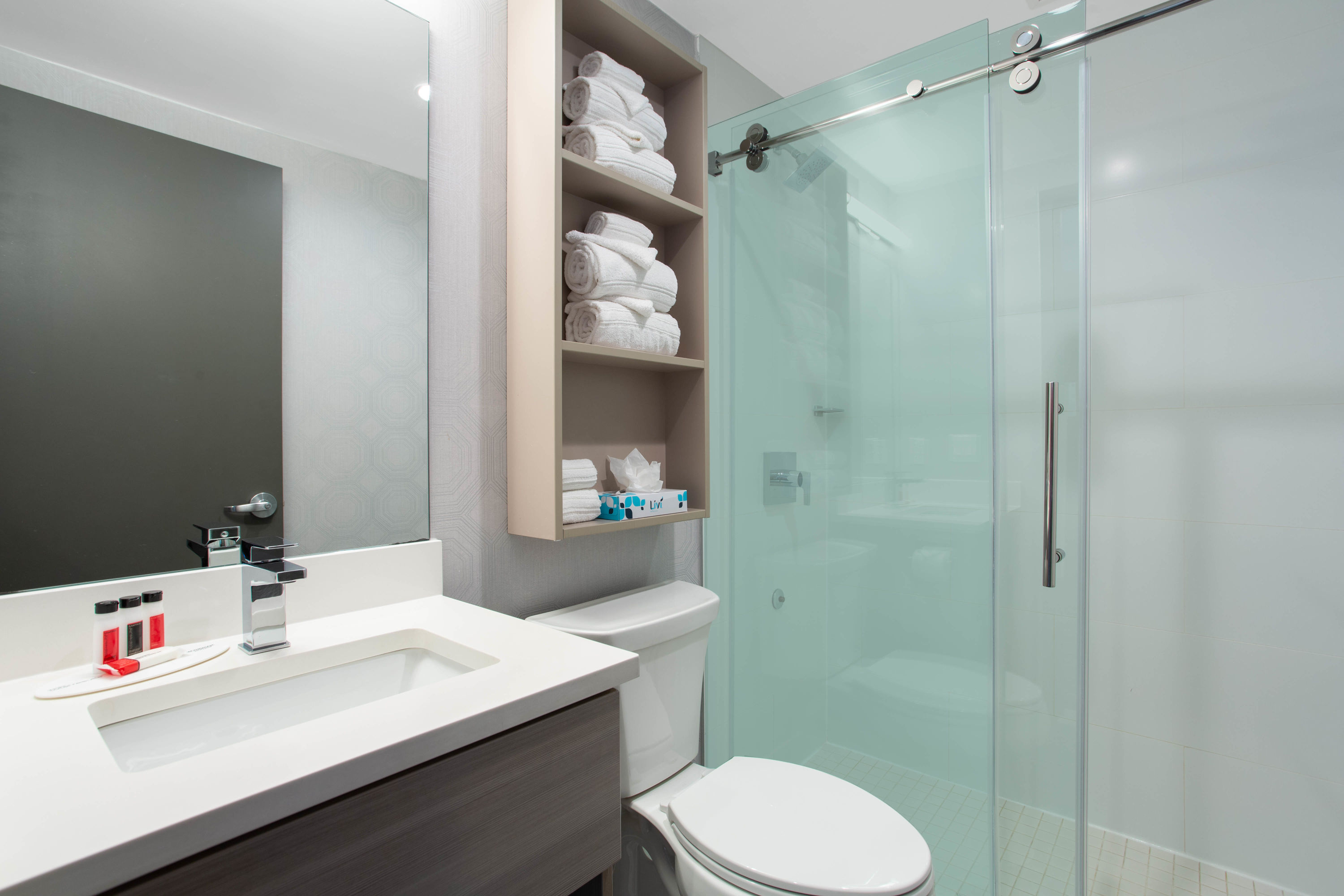 Guest room bath at the Microtel Inn by Wyndham Long Island City in Long Island City, New York