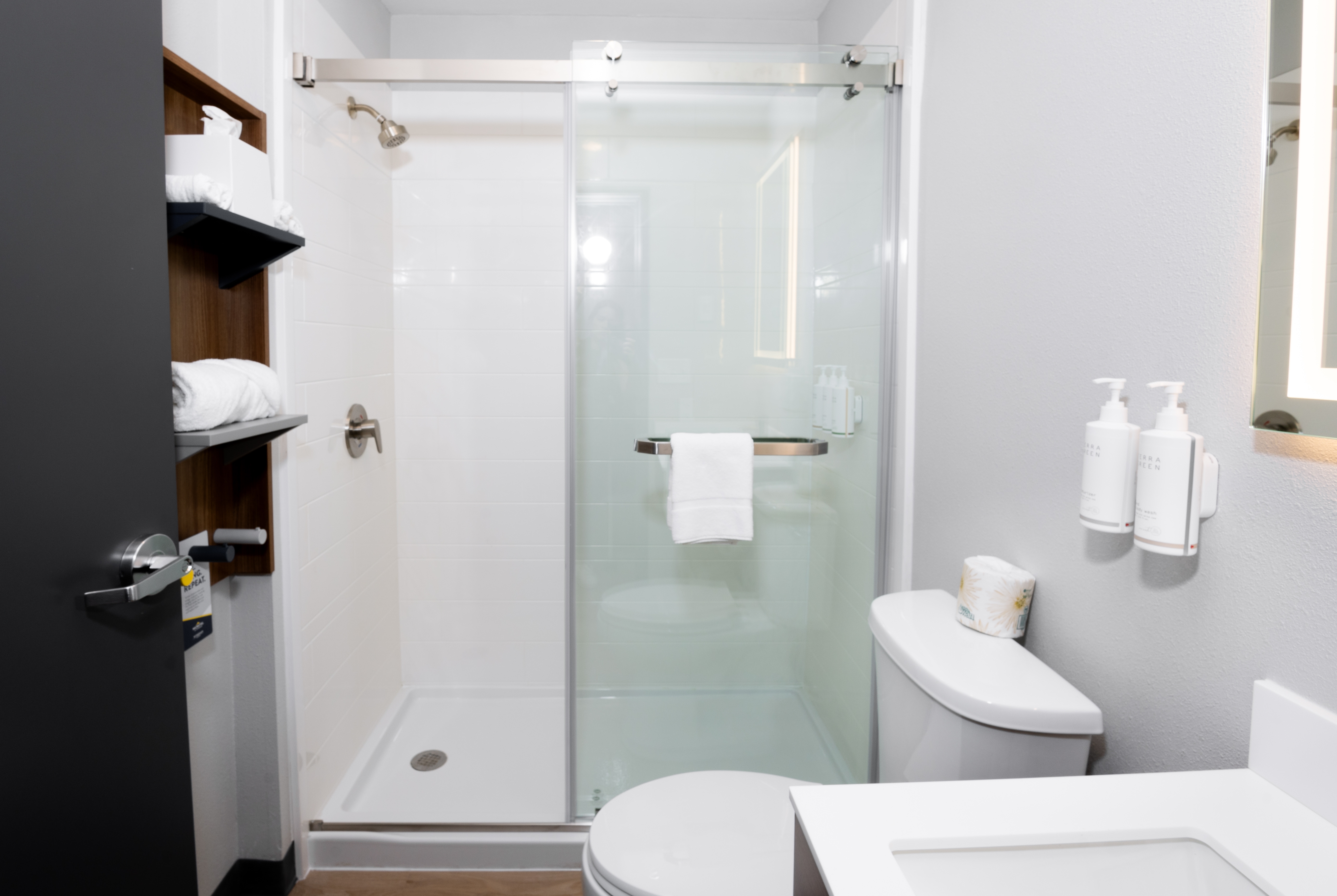 Guest room bath at the Microtel Inn & Suites by Wyndham Springville in Springville, New York