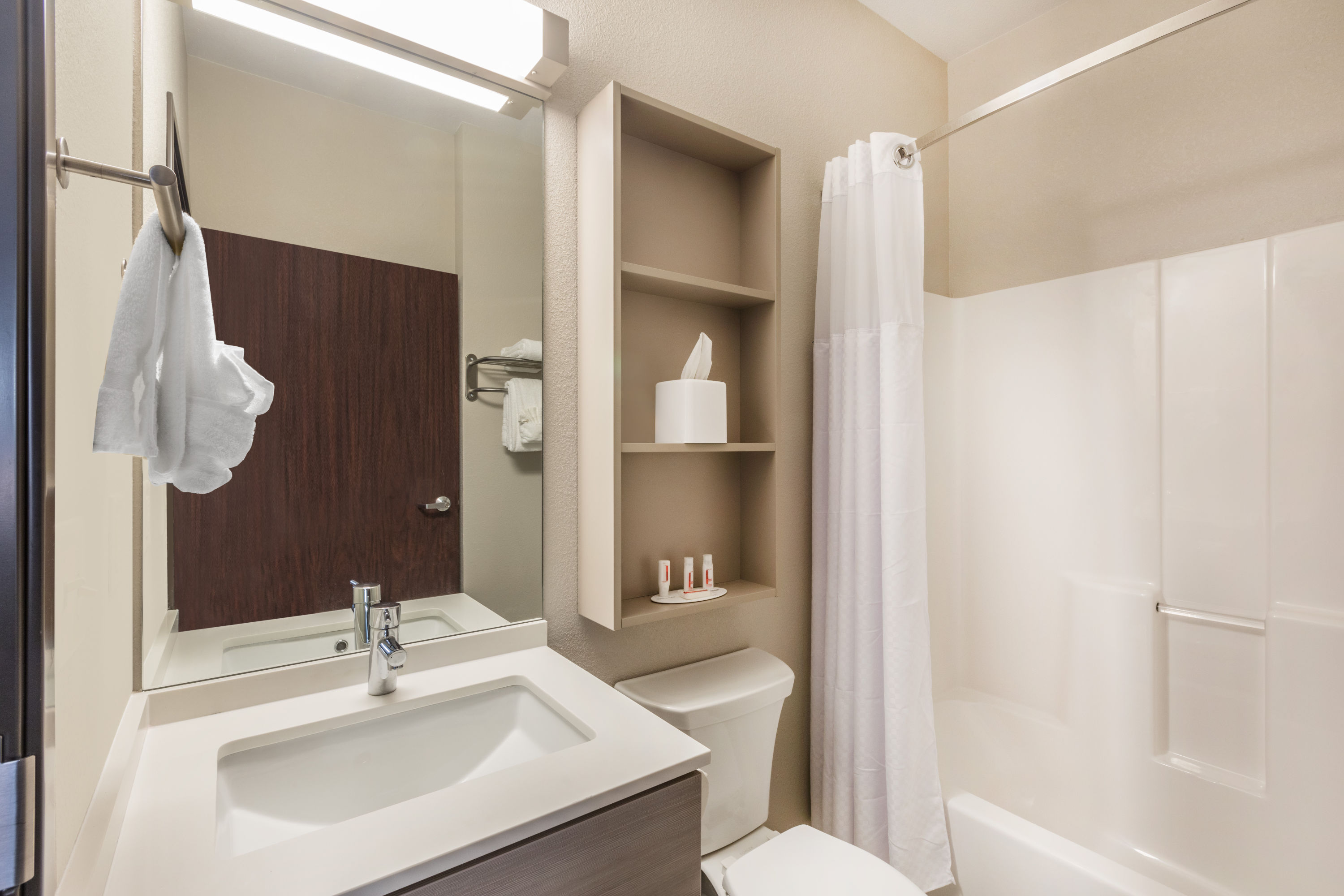 Guest room bath at the Microtel Inn & Suites by Wyndham Perry in Perry, Oklahoma