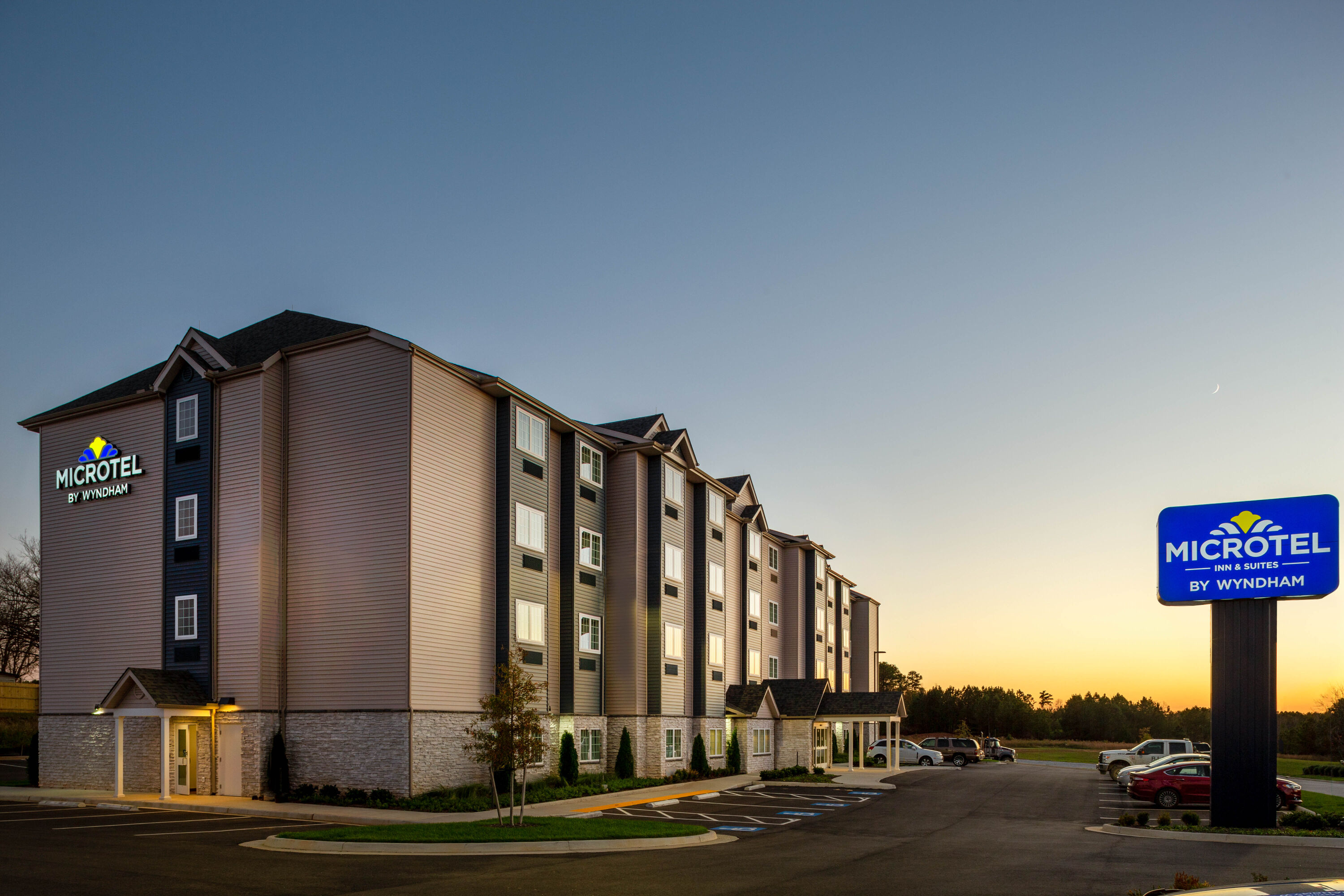 Exterior Dusk Image of Microtel Inn & Suites by Wyndham South Hill hotel in South Hill, Virginia