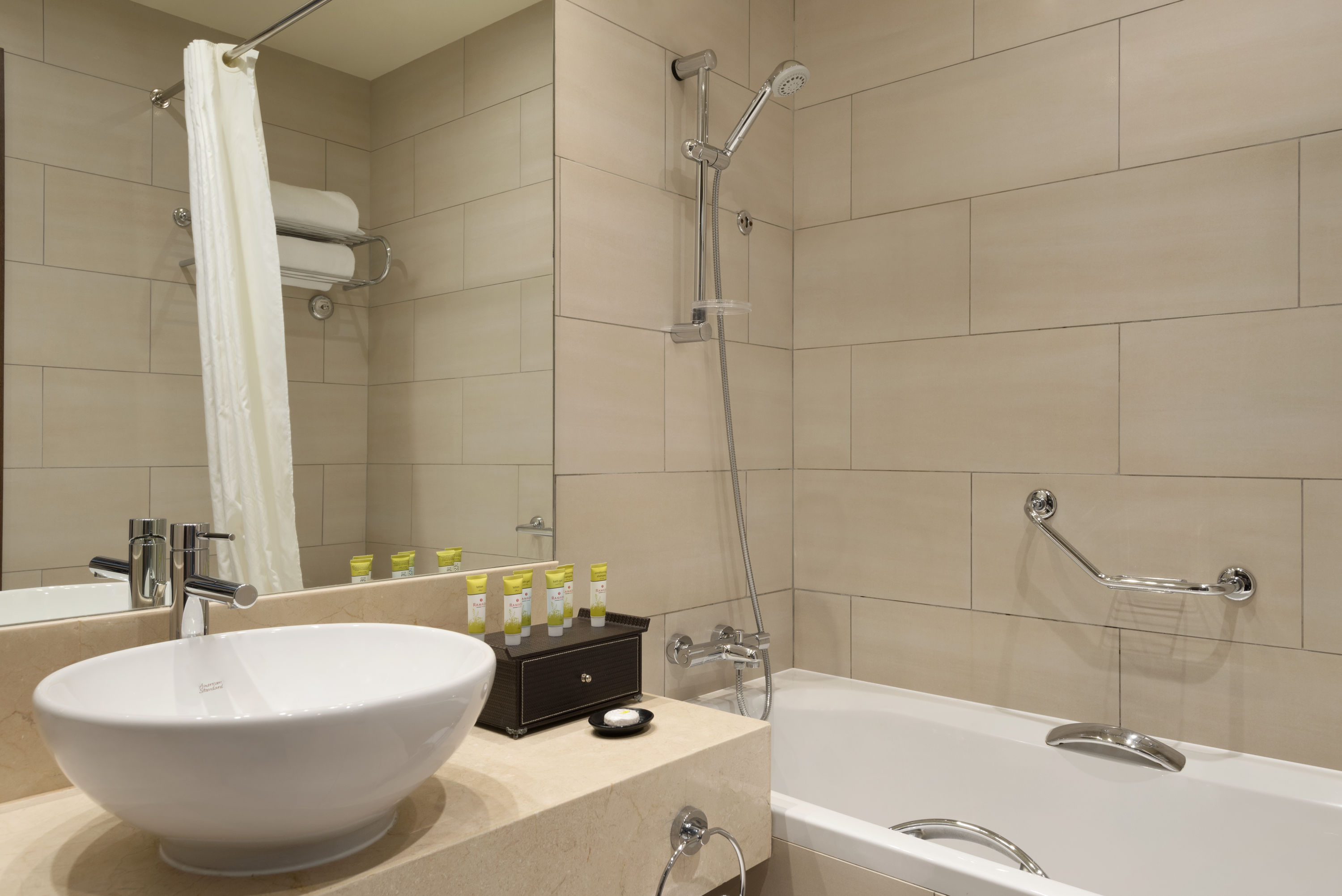 Guest room bath at the Ramada by Wyndham Abu Dhabi Downtown in Abu Dhabi, Other than US/Canada