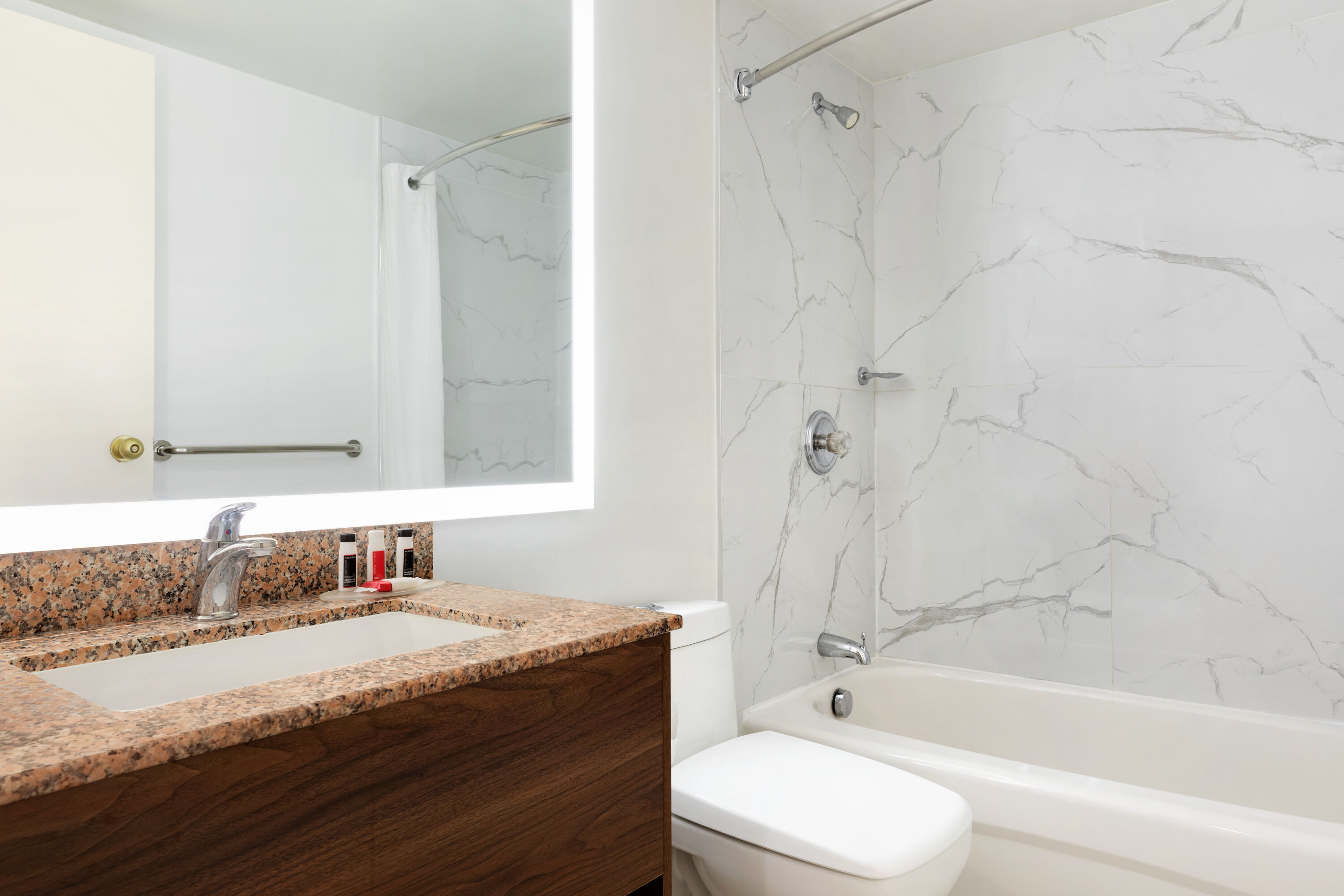 Guest room bath at the Ramada by Wyndham Miramichi New Brunswick in Miramichi, New Brunswick