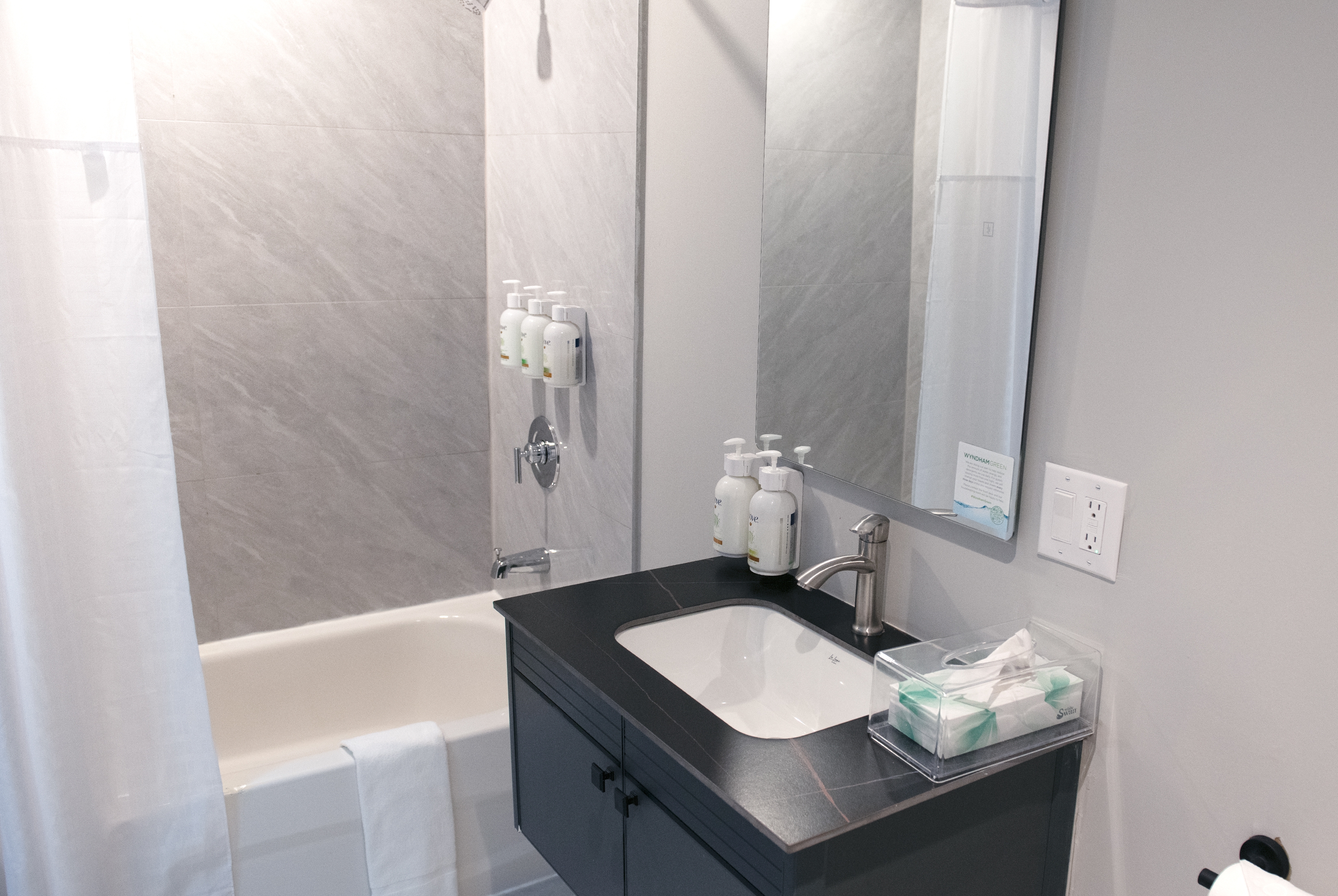 Guest room bath at the Ramada by Wyndham Kirkland Lake in Kirkland Lake, Ontario