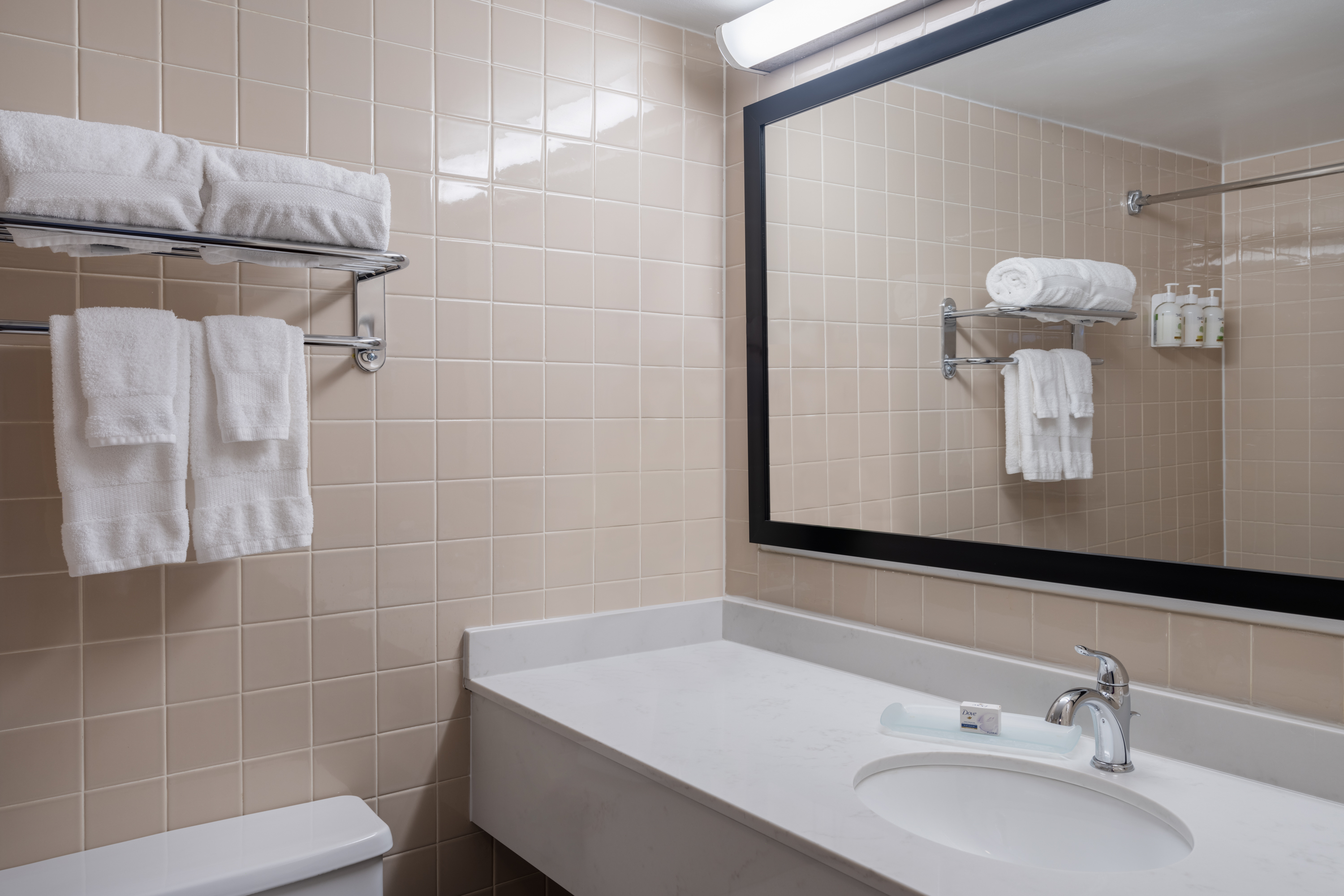Guest room bath at the Ramada by Wyndham Thunder Bay Airlane Hotel in Thunder Bay, Ontario