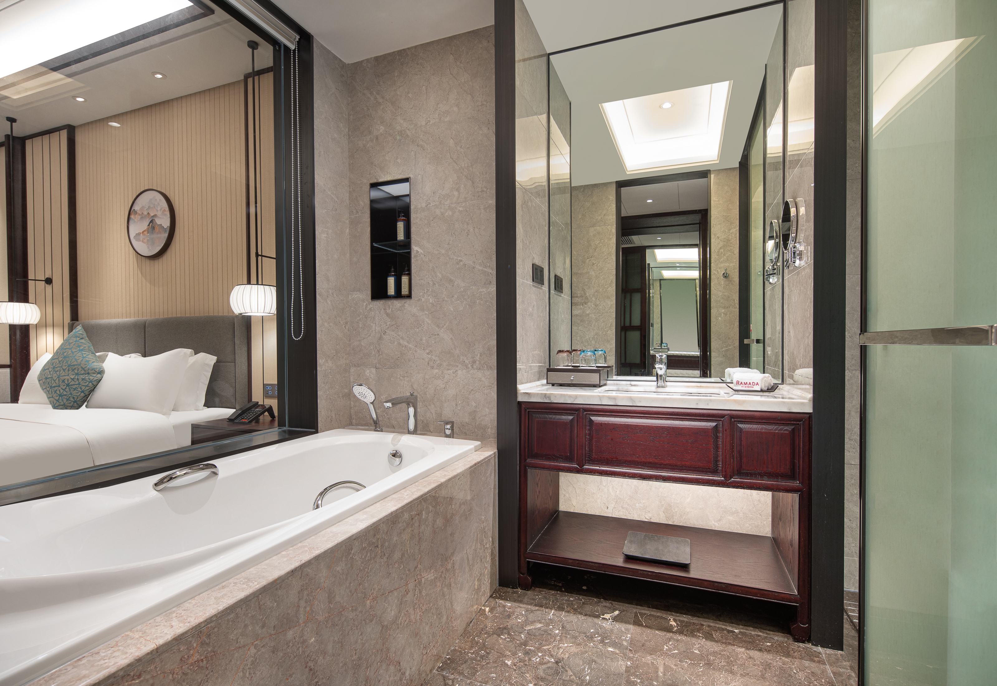 Guest room bath at the Ramada by Wyndham Xianning Xishan Mountain in Xianning, Other than US/Canada