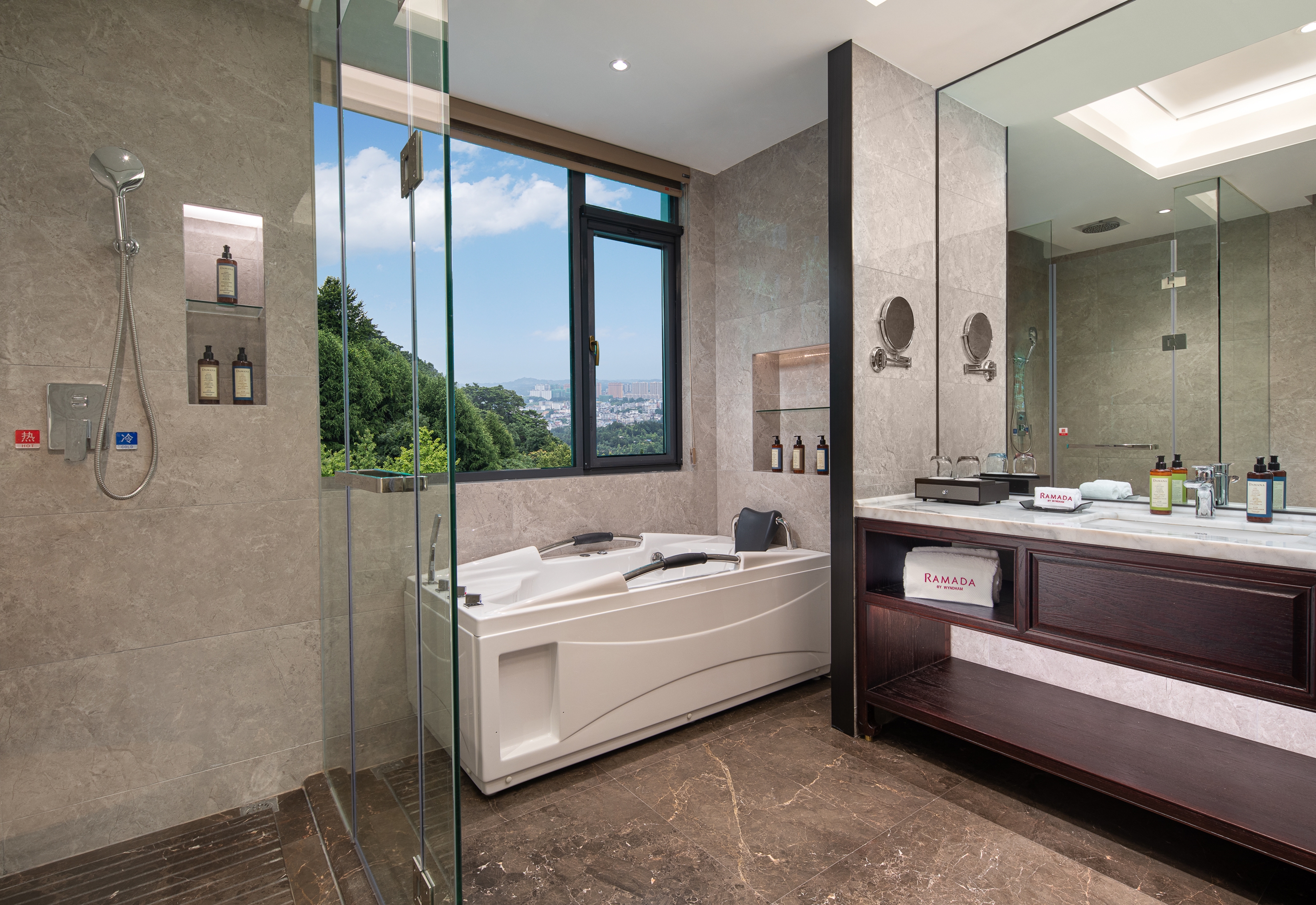 Guest room bath at the Ramada by Wyndham Xianning Xishan Mountain in Xianning, Other than US/Canada